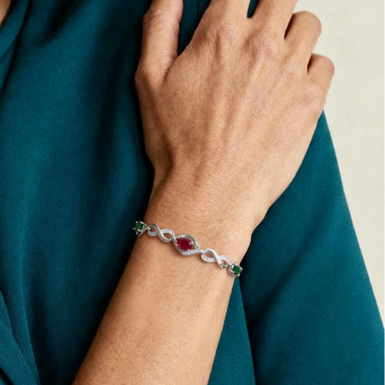 Personalized Birthstone Bracelet with Custom 2-4 Names & Birthstones, Rhodium-Plated Jewelry Gift for Her | Jessemade