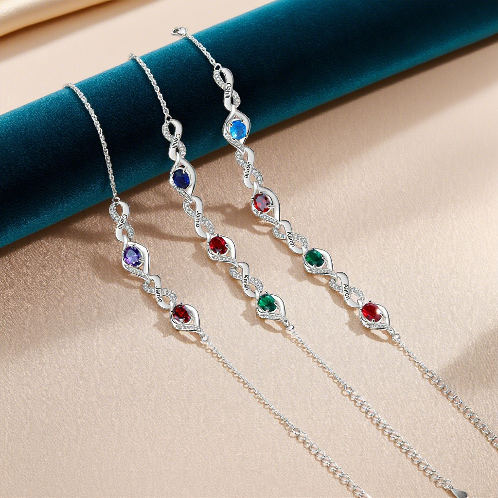 Personalized Birthstone Bracelet with Custom 2-4 Names & Birthstones, Rhodium-Plated Jewelry Gift for Her | Jessemade