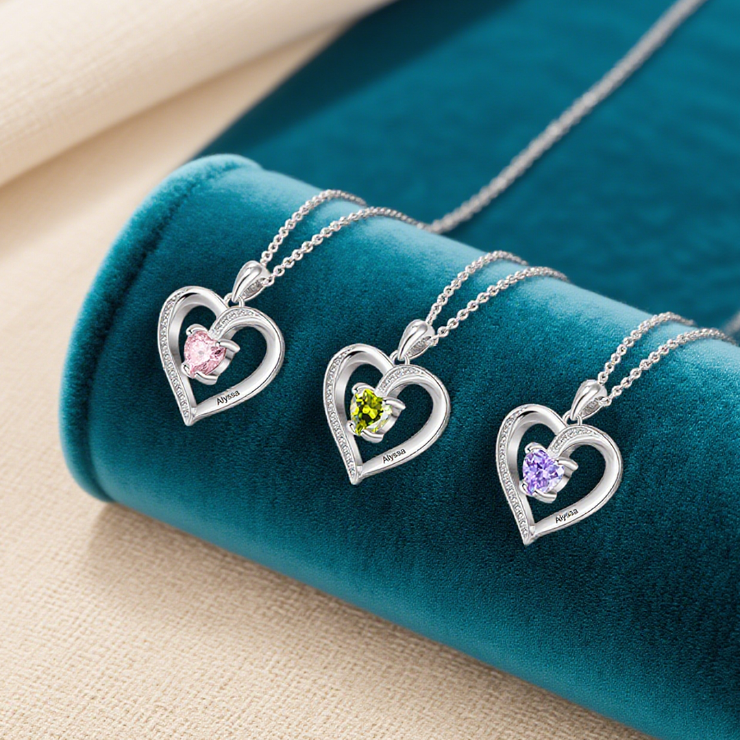 Personalized Name Heart Silver Necklace with Birthstone and Name Beautiful Gift for Her