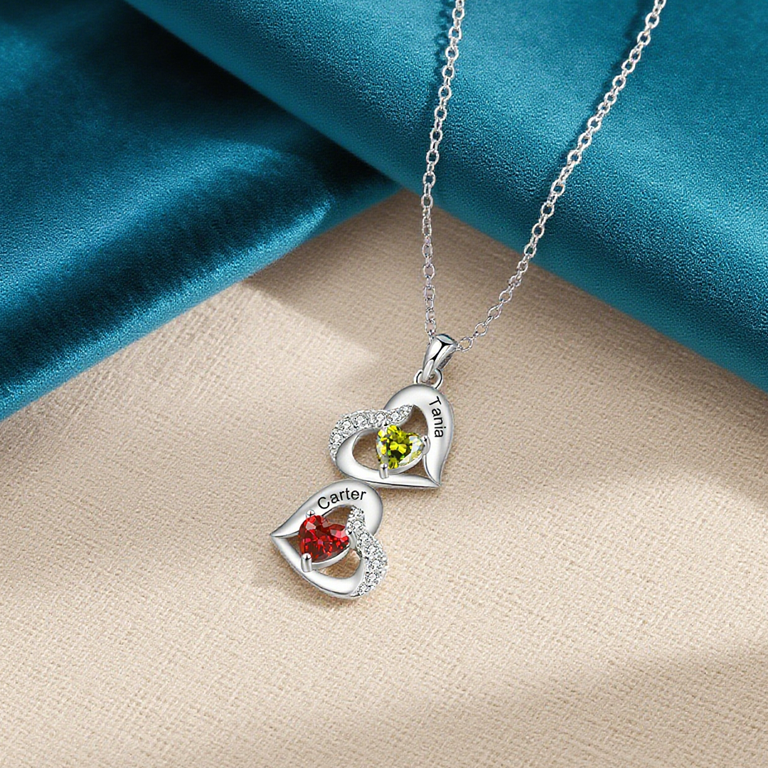 Personalized Heart-Shaped Birthstone Necklace Pendant - Custom 3 Names & 3 Birthstones with Rose Gift Box Christmas Gift for Mom/Grandma | Jessemade