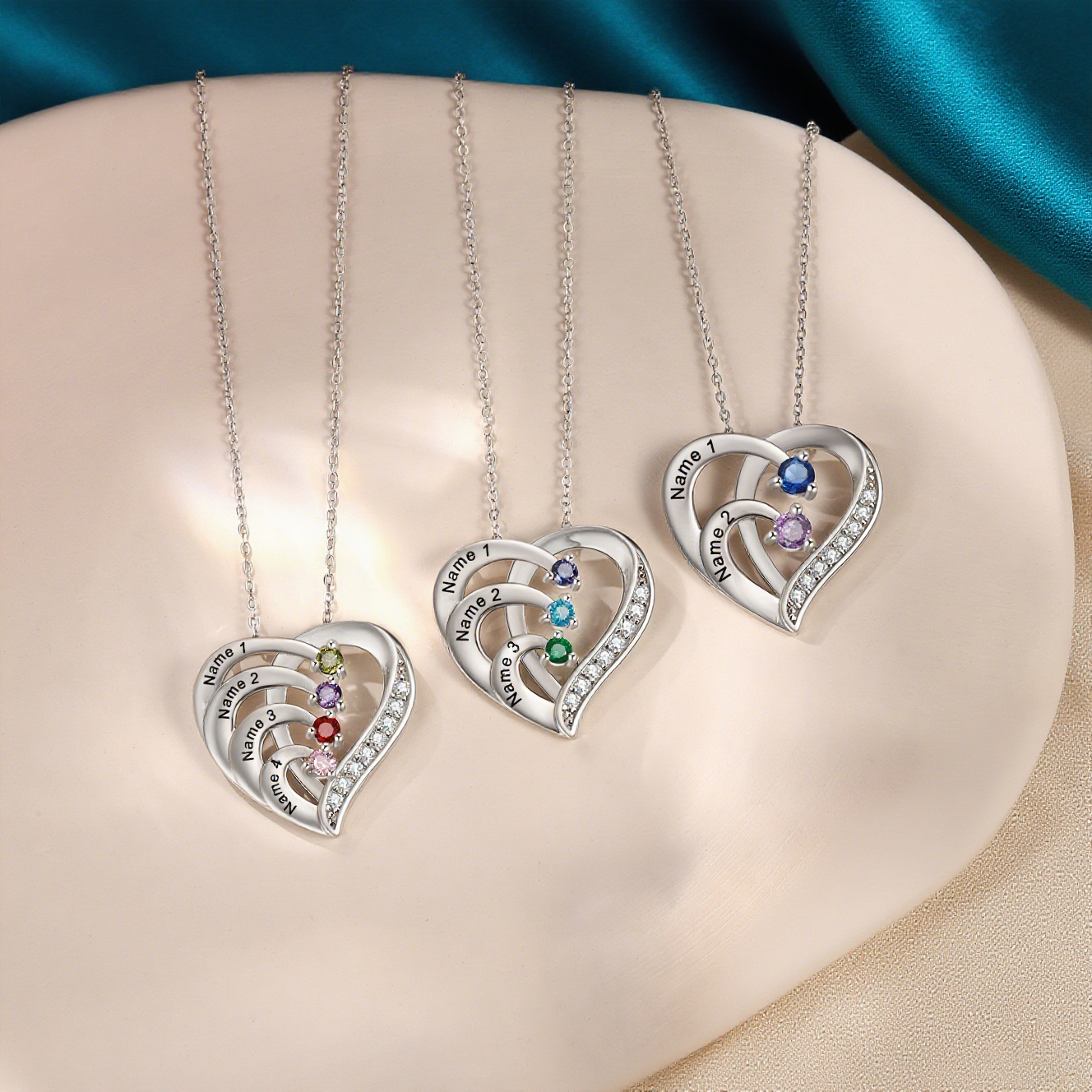 3 Names-Personalized S925 Silver Birthstone Necklace Engraved 3 Names-Custom Birthstone Intertwined Heart Pendant Gifts for Her