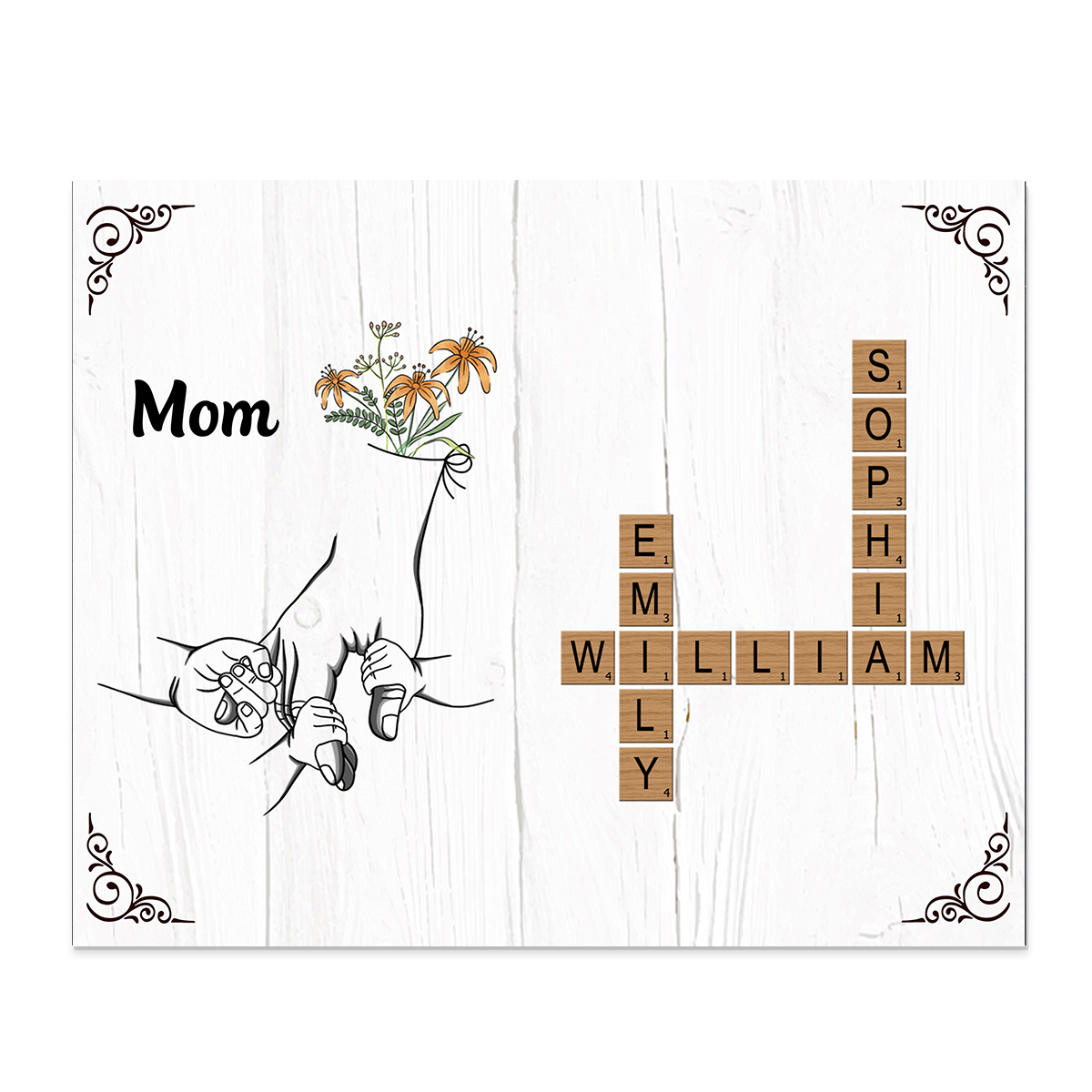 Personalized Gift for Mom - Custom Wooden Name Plaque – Scrabble Style with Hands for Mother's day