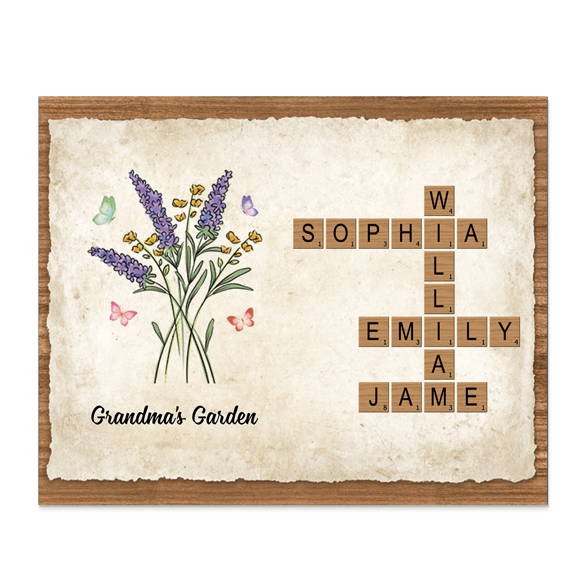 Personalized Wooden Scrabble Name Art – Birth Flowers – Grandma’s Garden Gift for Mother’s Day