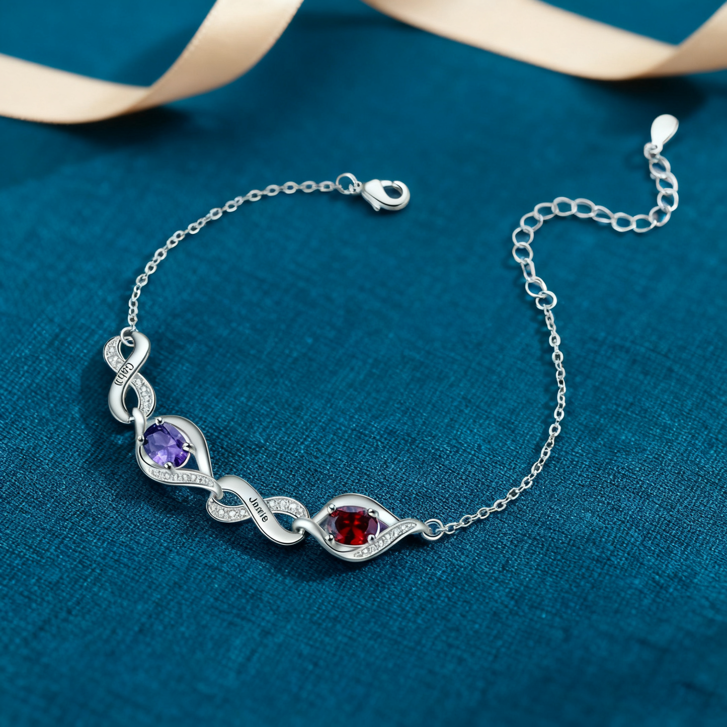 Personalized Birthstone Bracelet with Custom 2-4 Names & Birthstones, Rhodium-Plated Jewelry Gift for Her | Jessemade