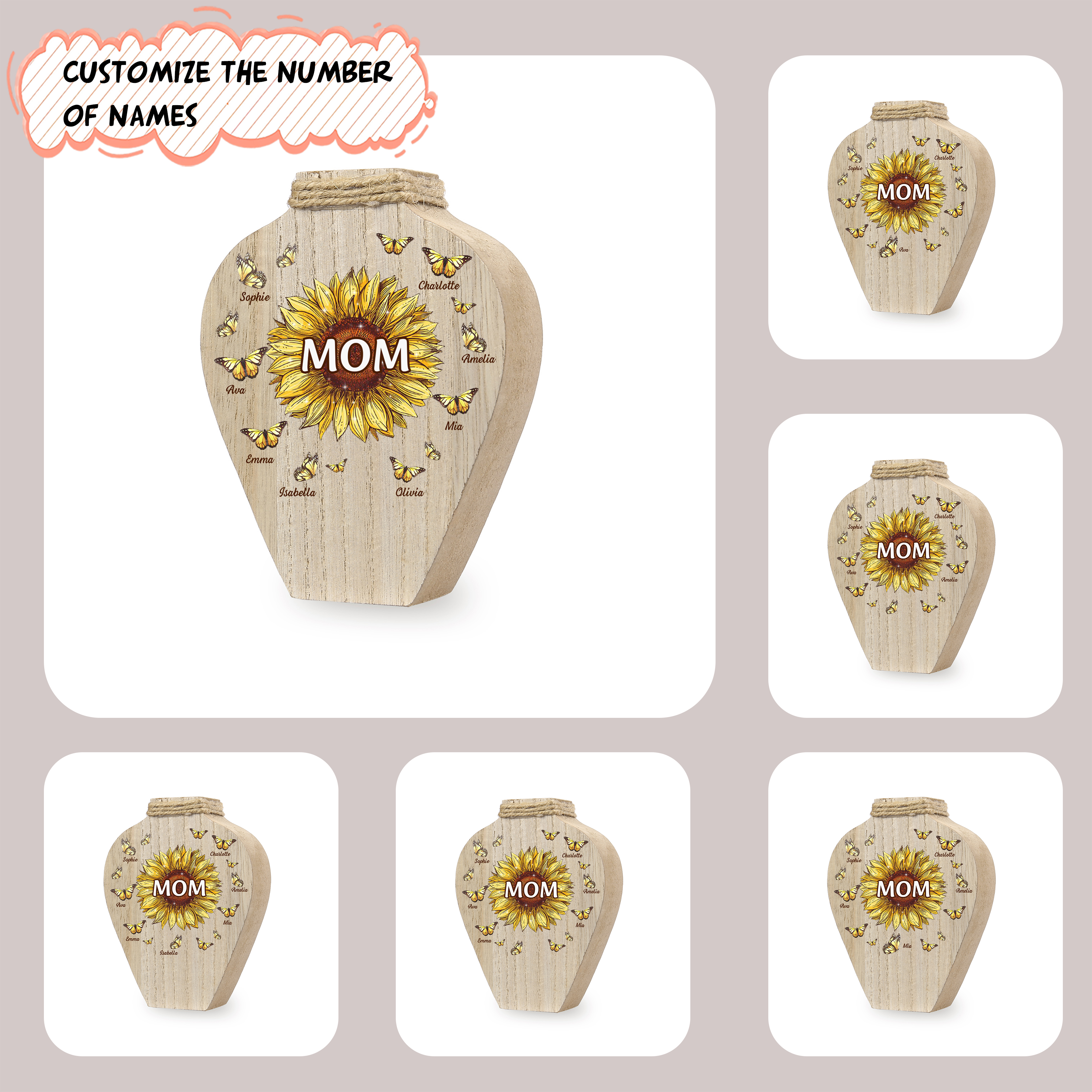 6 Names - Personalized Custom Text and Name Butterfly Style Wooden Decorative Vase as a Gift for Mom