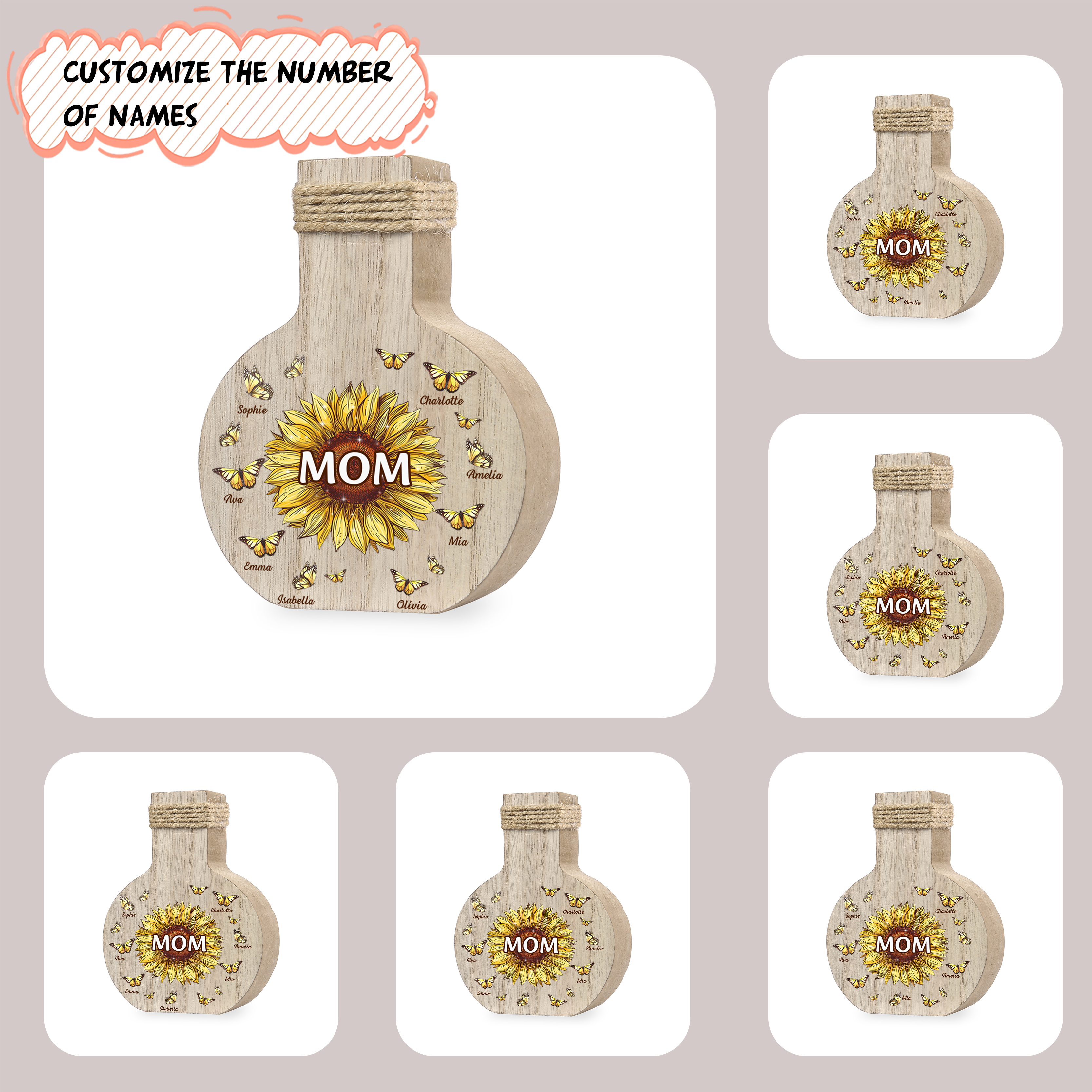 6 Names - Personalized Custom Text and Name Butterfly Style Wooden Decorative Vase as a Gift for Mom
