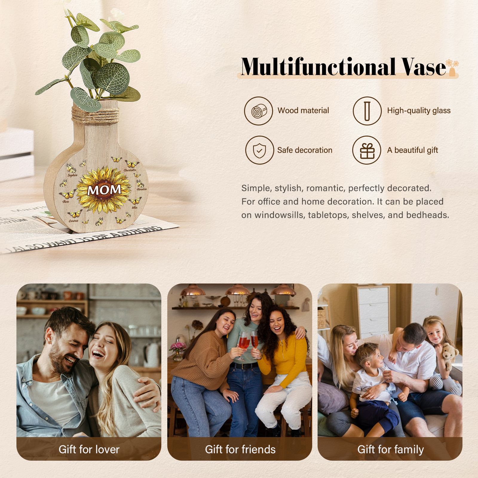 6 Names - Personalized Custom Text and Name Butterfly Style Wooden Decorative Vase as a Gift for Mom