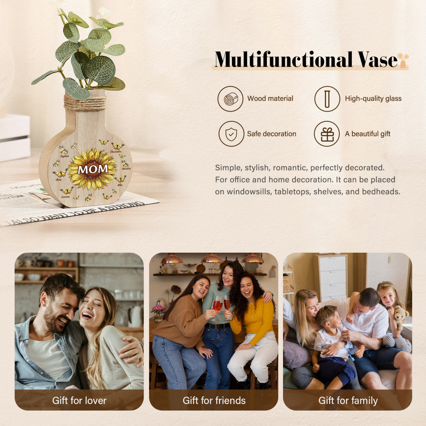 6 Names - Personalized Custom Text and Name Butterfly Style Wooden Decorative Vase as a Gift for Mom