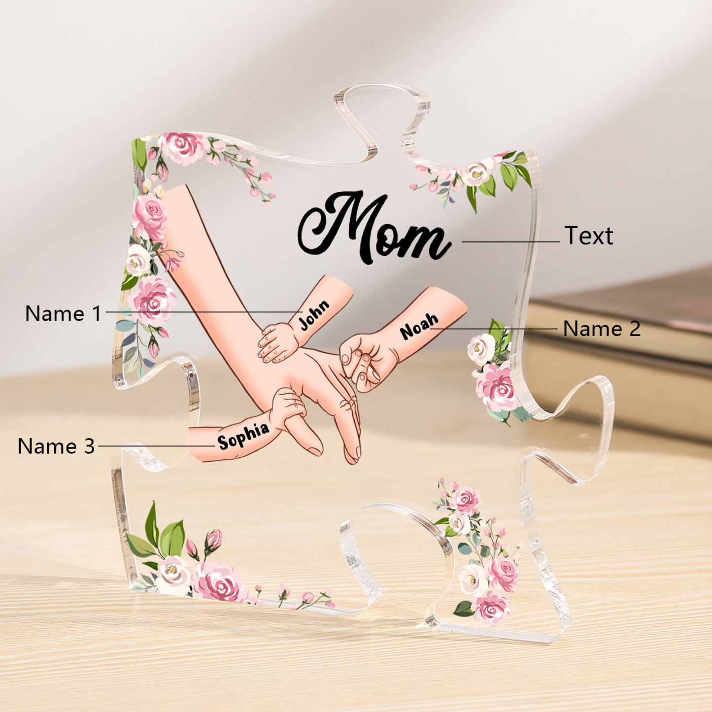 3 Name - Personalized Acrylic Heart Keepsake Customized Name Holding Hands Acrylic Plaque Ornament Mother's Day Gift for Mom