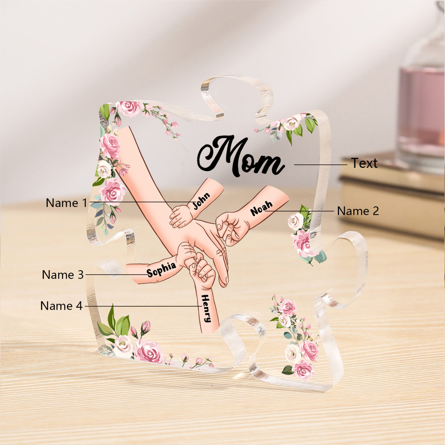 4 Name - Personalized Acrylic Heart Keepsake Customized Name Holding Hands Acrylic Plaque Ornament Mother's Day Gift for Mom