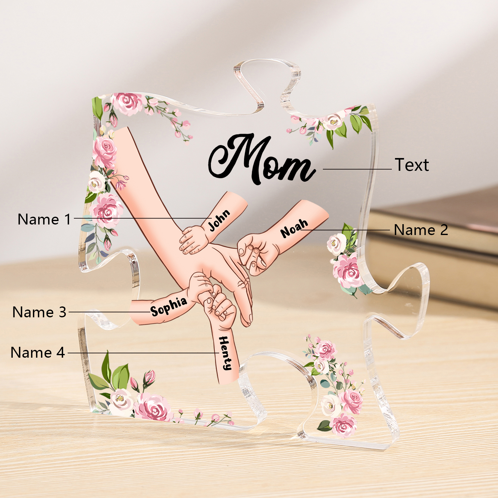4 Name - Personalized Acrylic Heart Keepsake Customized Name Holding Hands Acrylic Plaque Ornament Mother's Day Gift for Mom