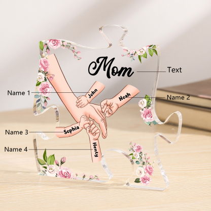 4 Name - Personalized Acrylic Heart Keepsake Customized Name Holding Hands Acrylic Plaque Ornament Mother's Day Gift for Mom