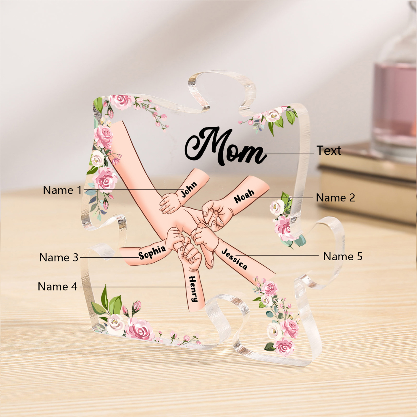 5 Name - Personalized Acrylic Heart Keepsake Customized Name Holding Hands Acrylic Plaque Ornament Mother's Day Gift for Mom