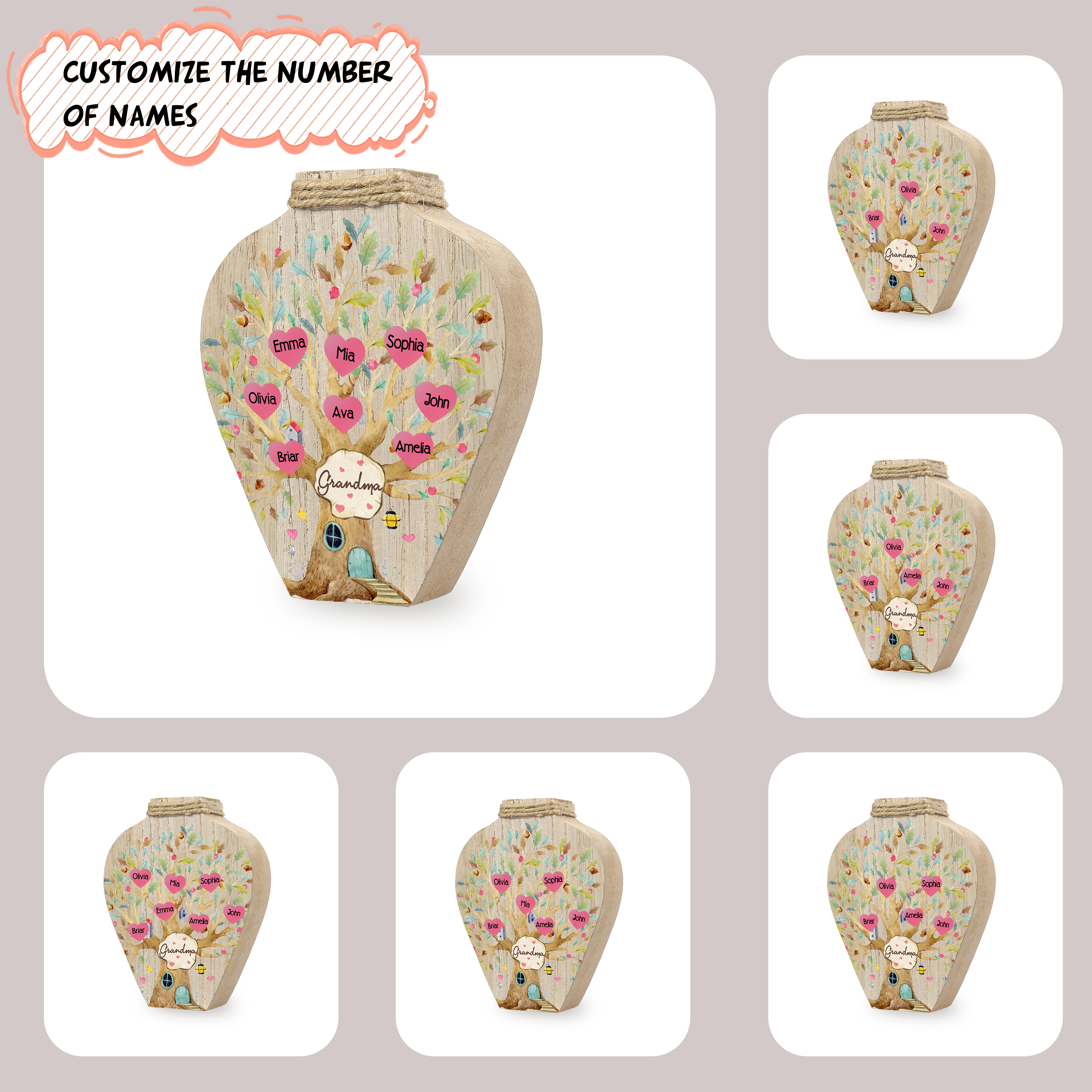 8 Names - Personalized Custom Text and Name Wooden Ornament Vase for Grandma