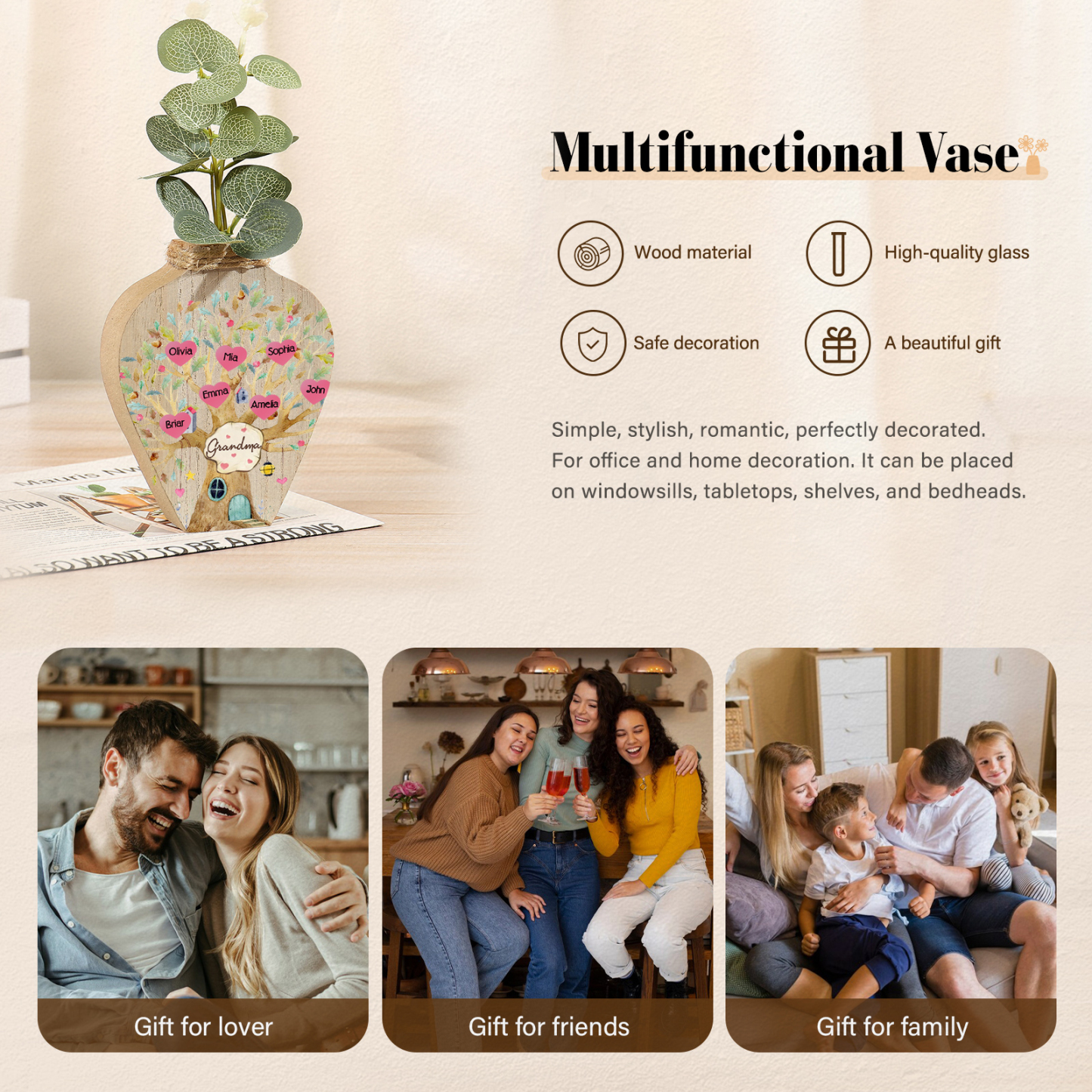 7 Names - Personalized Custom Text and Name Wooden Ornament Vase for Grandma