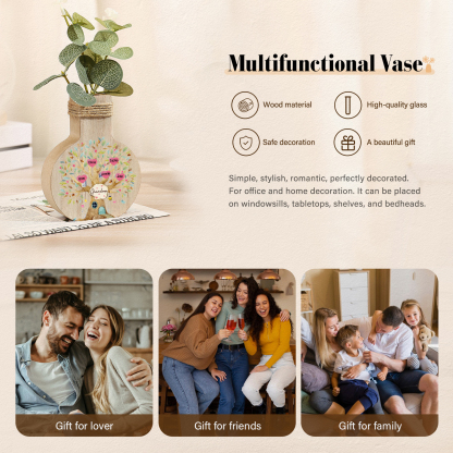 5 Names - Personalized Custom Text and Name Family Tree Wooden Decorative Vase as a Gift for Grandma