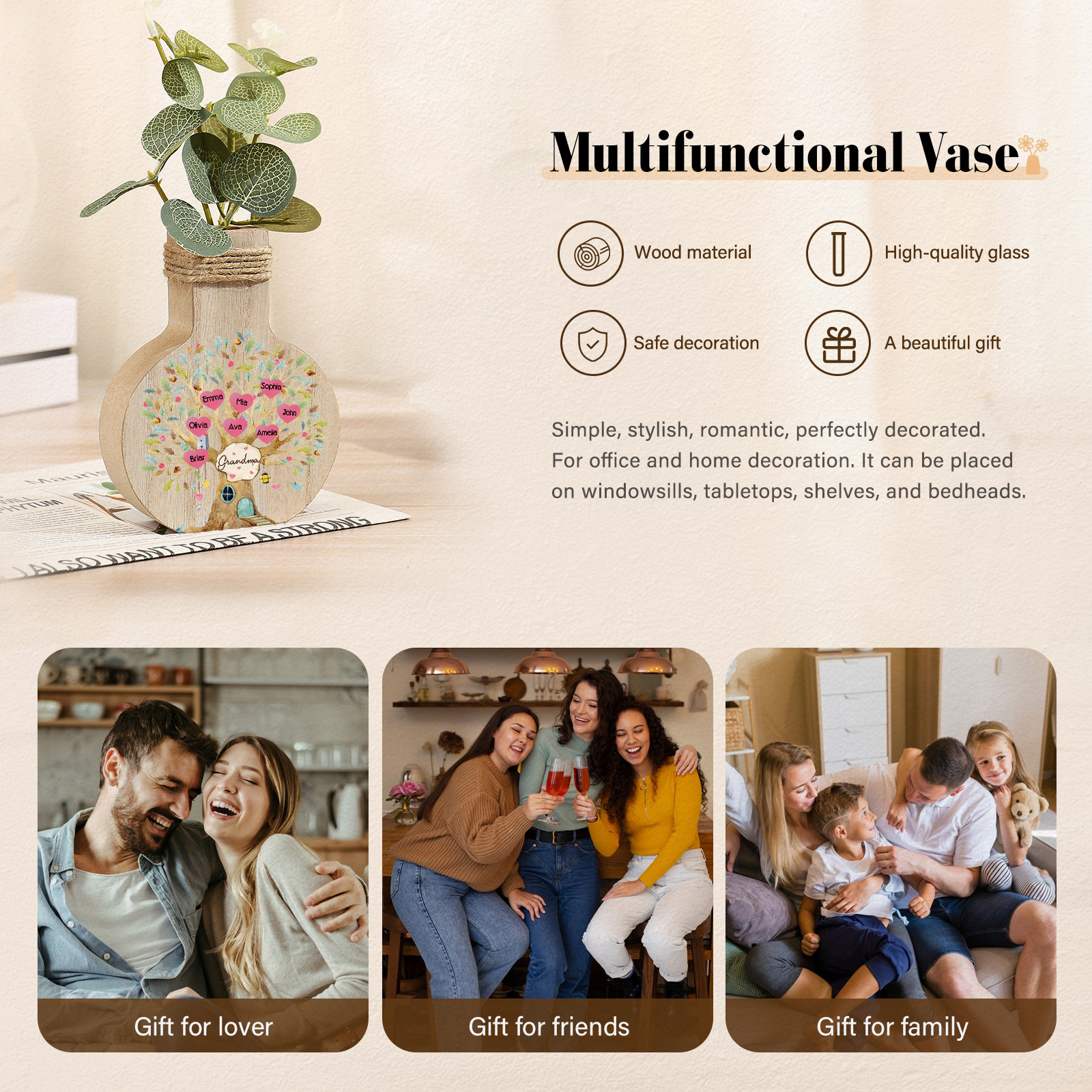 8 Names - Personalized Custom Text and Name Family Tree Wooden Decorative Vase as a Gift for Grandma