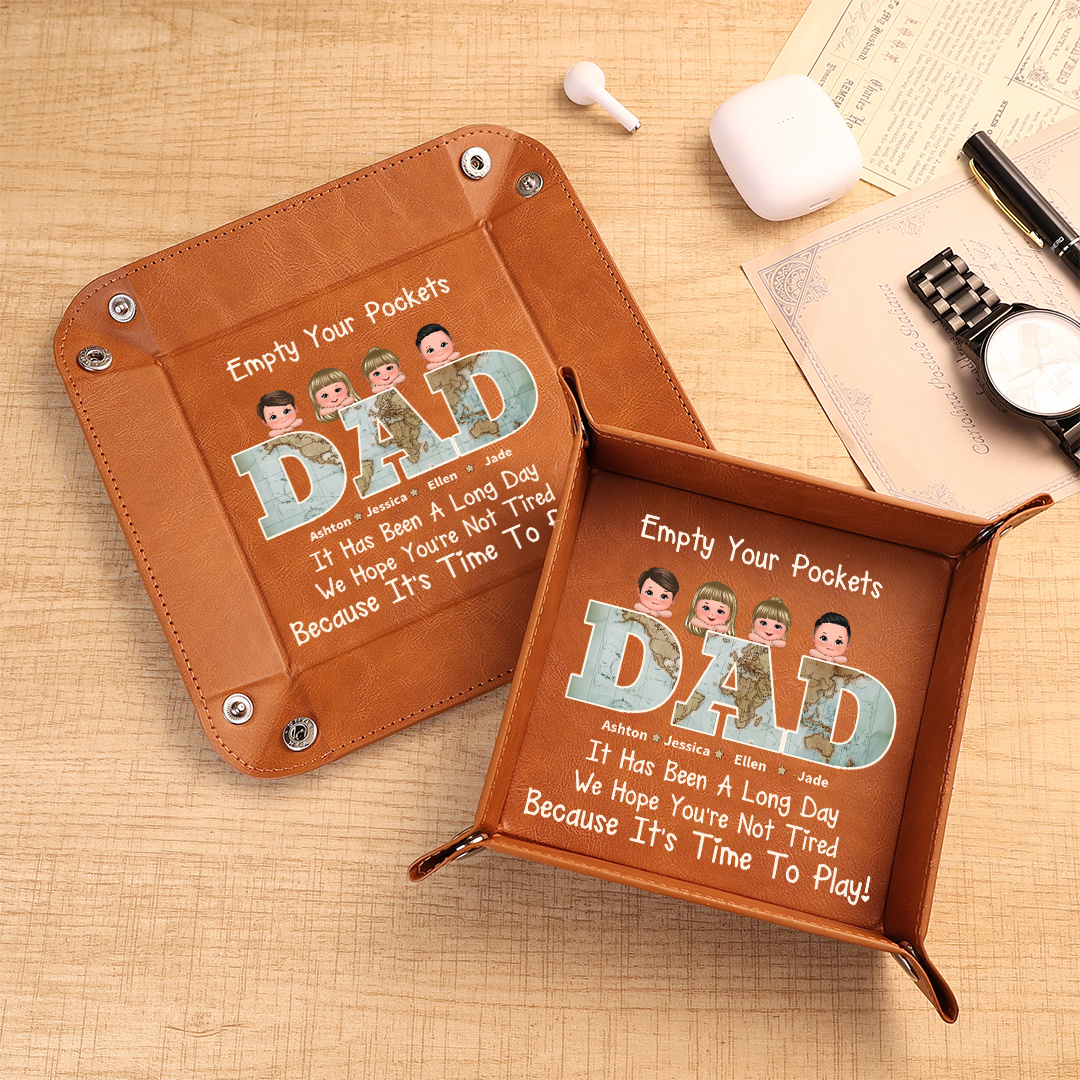 Personalized PU Leather Valet Tray Custom with 1–6 Names and Kids for Dad Father’s Day Gift