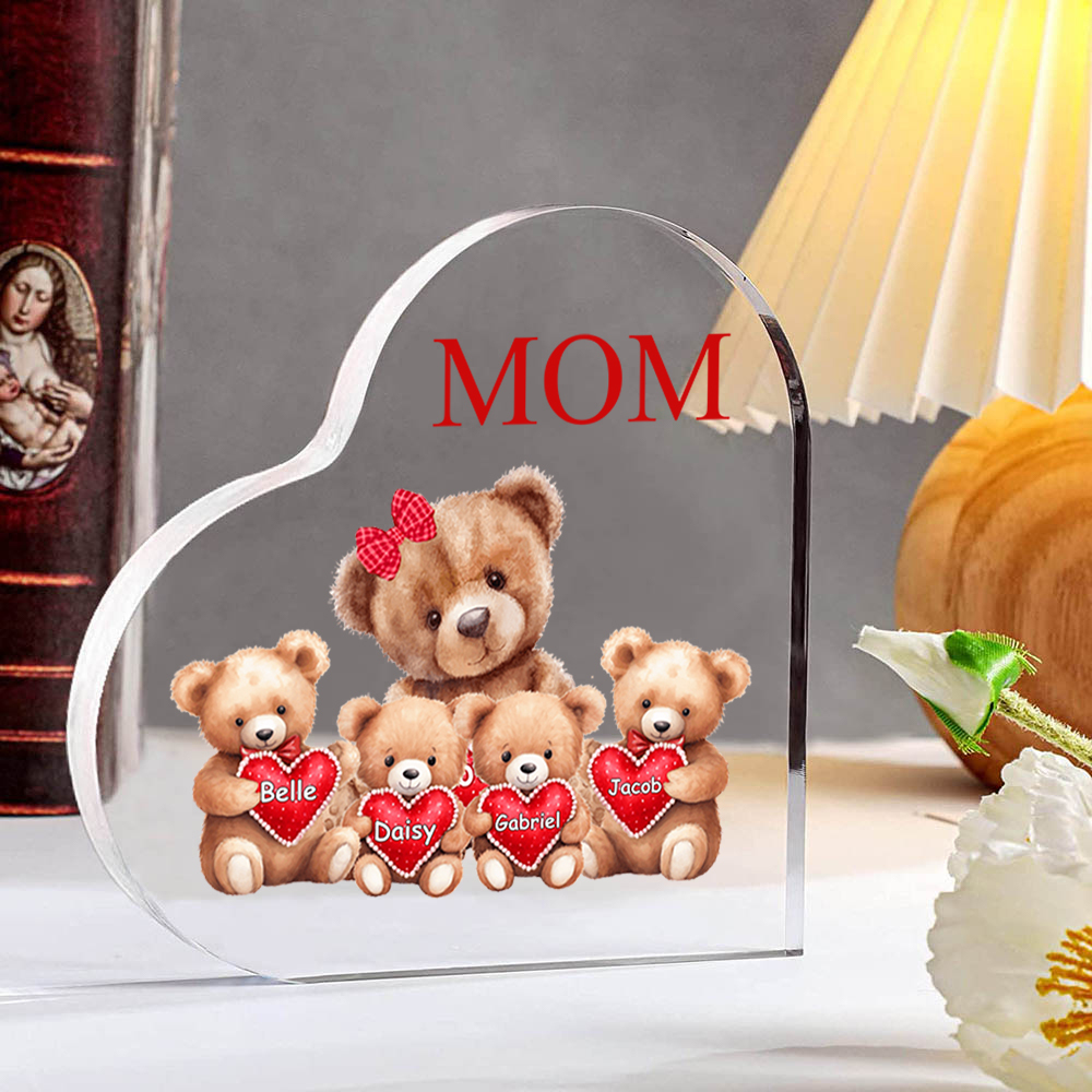 Personalized Heart Shaped Acrylic Plaque - Bears - with 1-7 names & flowers - Gift for Mom