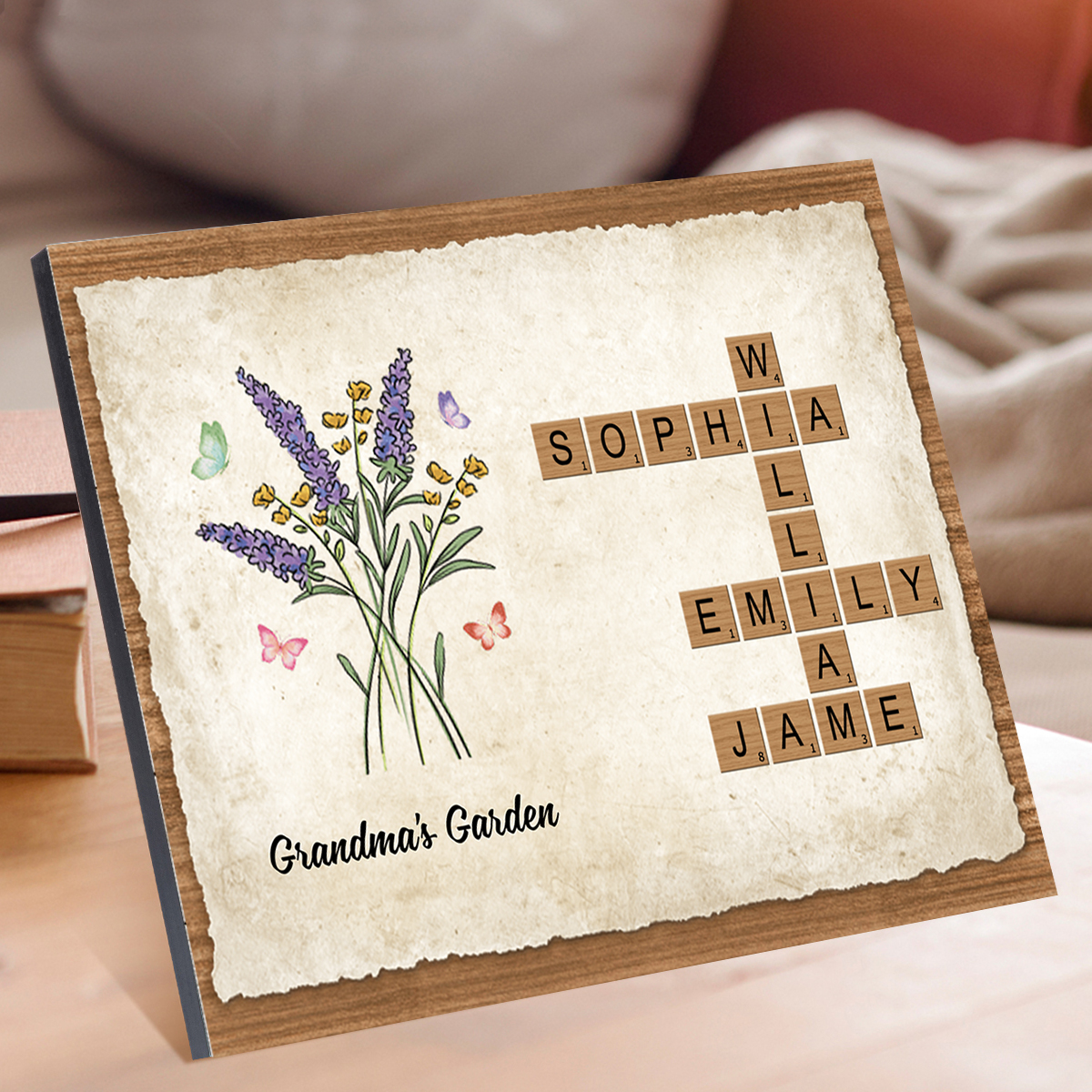 Personalized Wooden Scrabble Name Art – Birth Flowers – Grandma’s Garden Gift for Mother’s Day