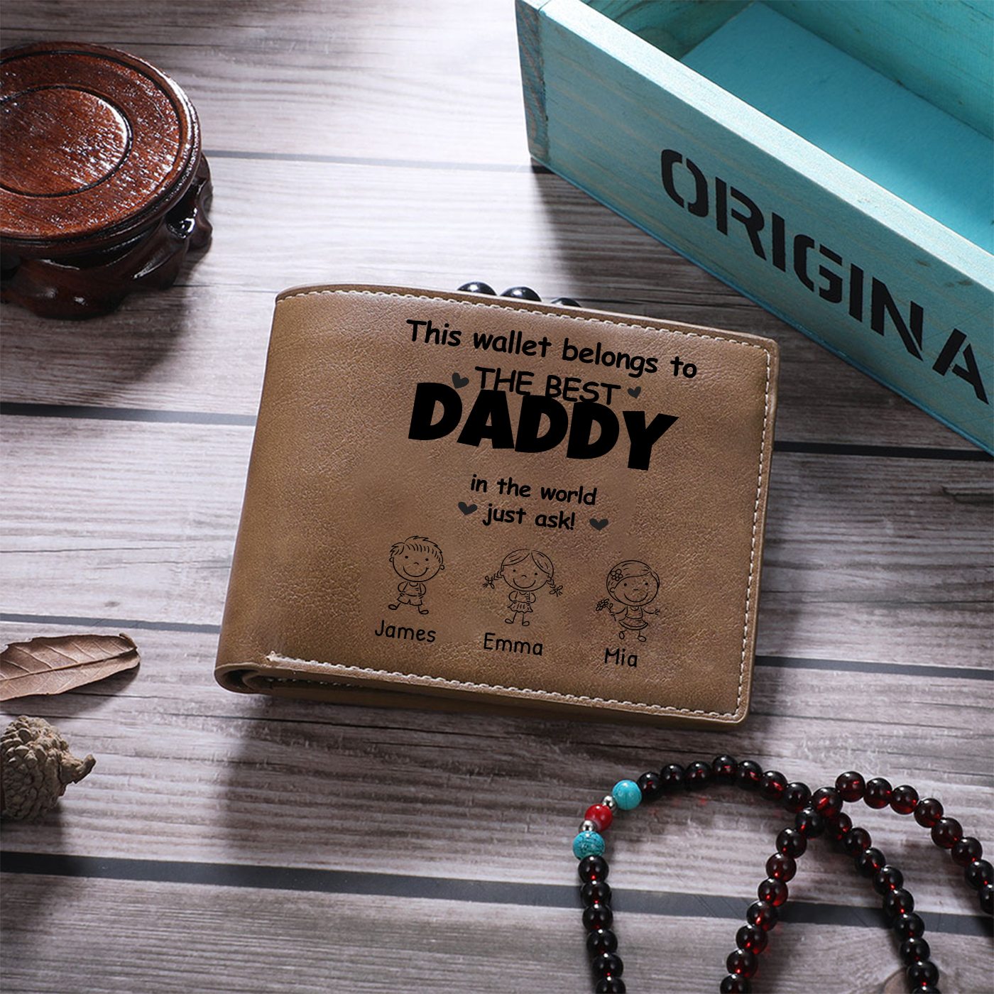 Custom Leather Father’s Day Wallet  – Personalized “Best Daddy” Gift with Kids' Names for Dad