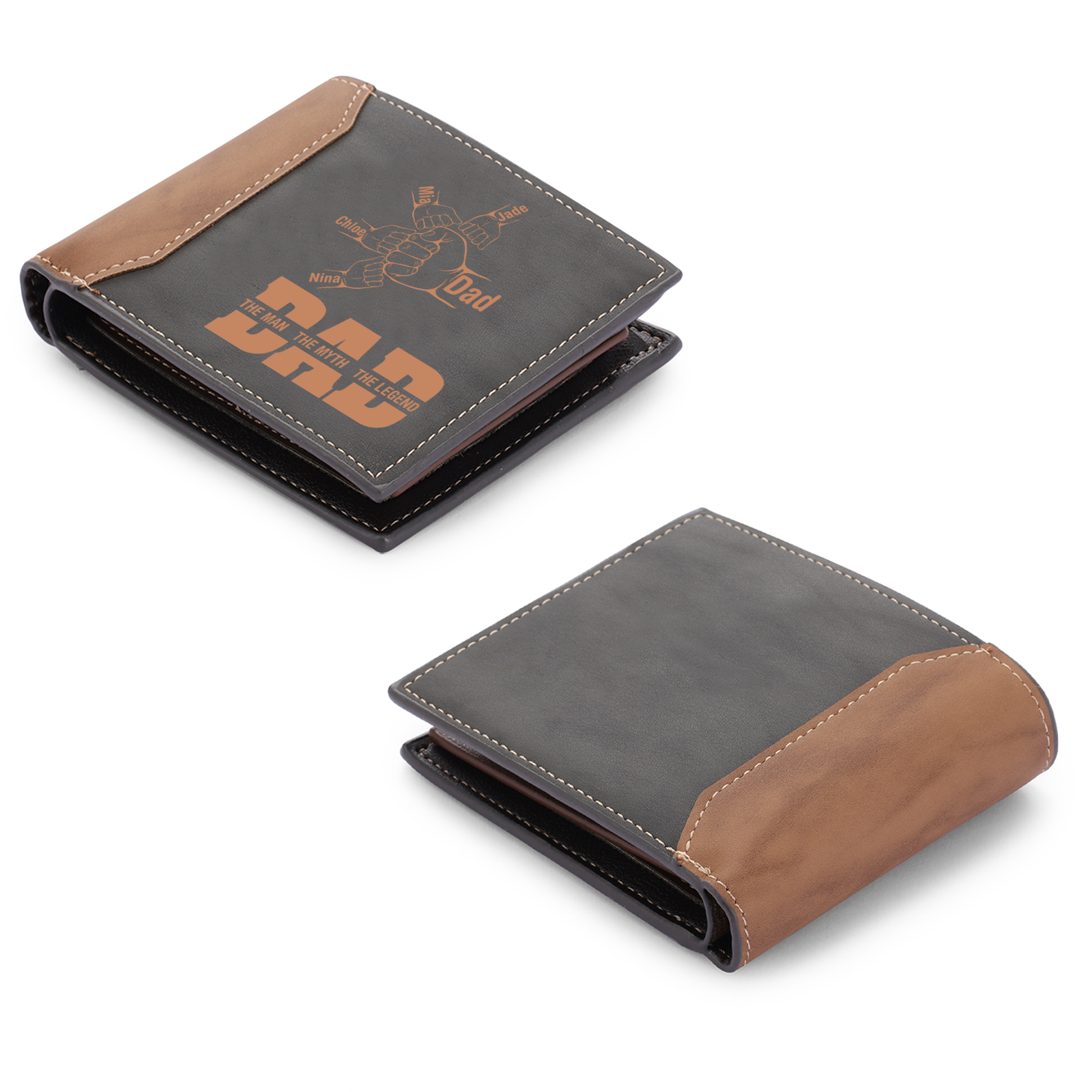 2-9 Names-Personalized Leather Men Wallet Engraved Fist Bump Folding Wallet Gift For Dad - Customized in the USA & Ships in 2 Days