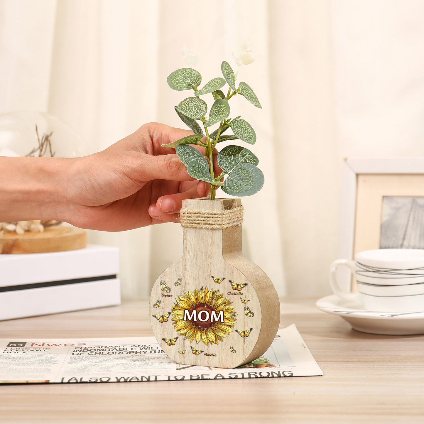 3 Names - Personalized Custom Text and Name Butterfly Style Wooden Decorative Vase as a Gift for Mom