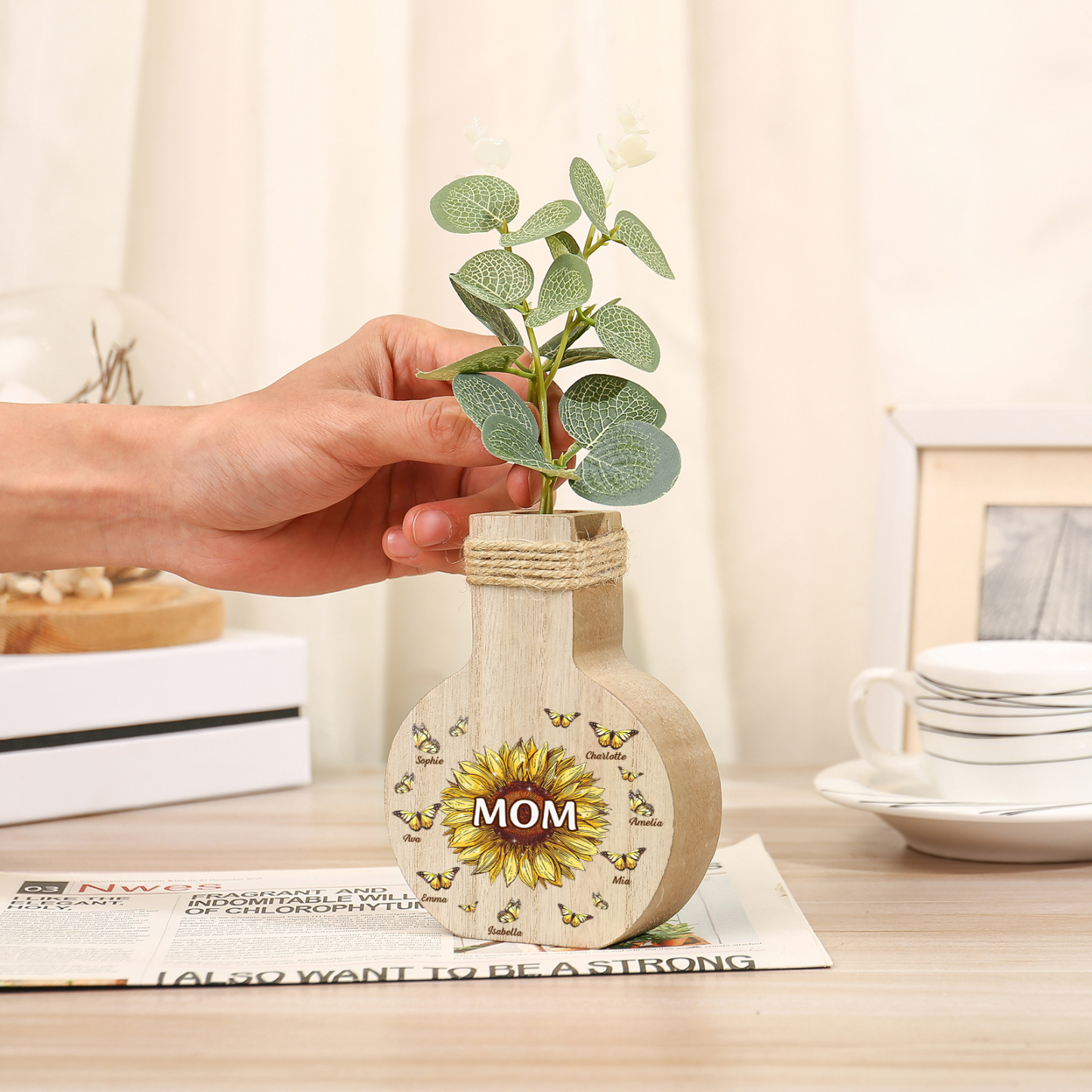 7 Names - Personalized Custom Text and Name Butterfly Style Wooden Decorative Vase as a Gift for Mom
