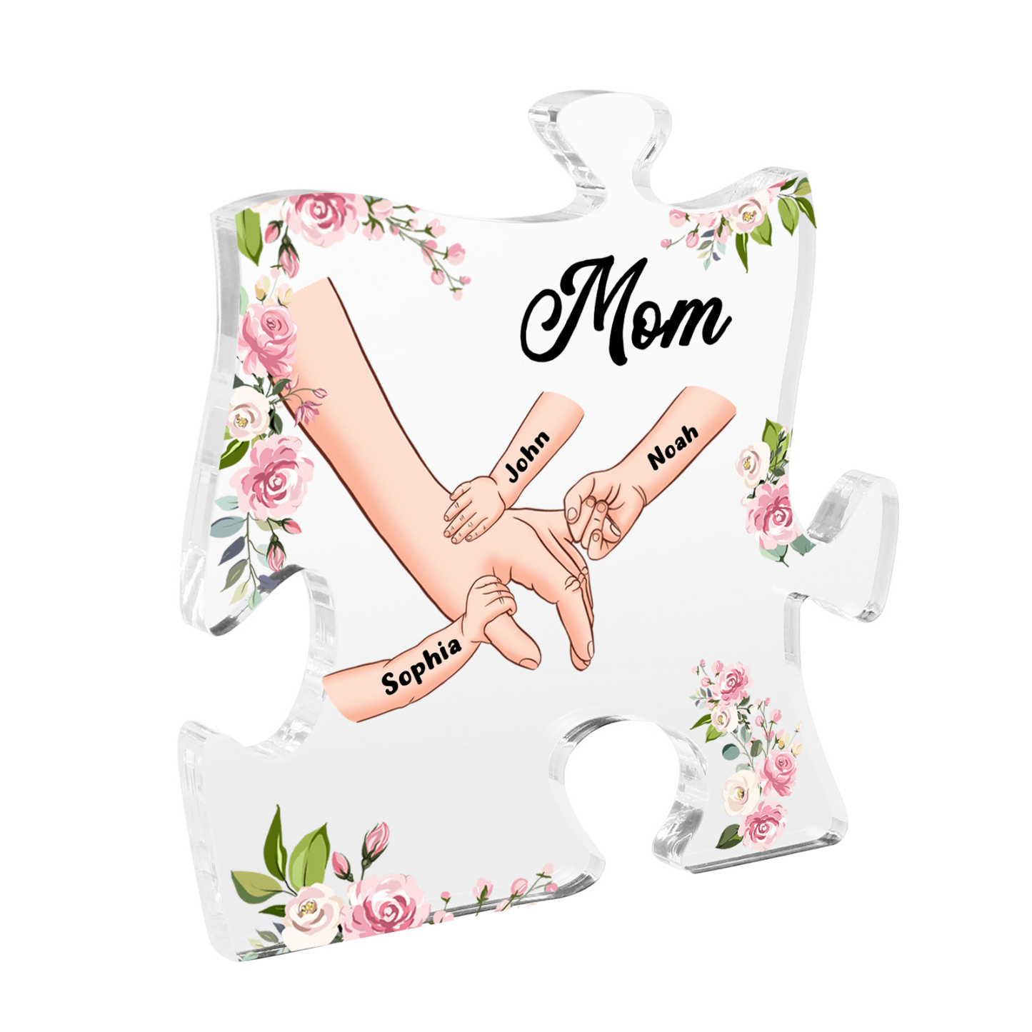 3 Name - Personalized Acrylic Heart Keepsake Customized Name Holding Hands Acrylic Plaque Ornament Mother's Day Gift for Mom