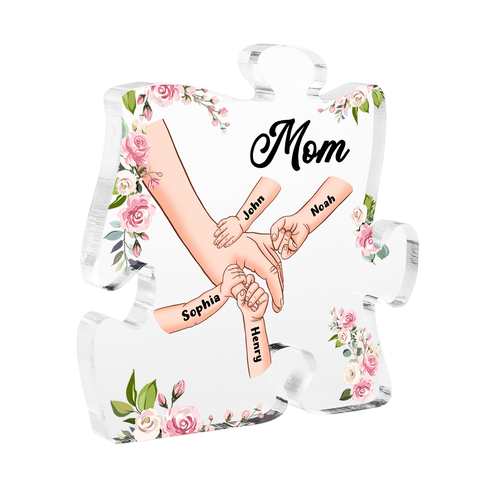 4 Name - Personalized Acrylic Heart Keepsake Customized Name Holding Hands Acrylic Plaque Ornament Mother's Day Gift for Mom