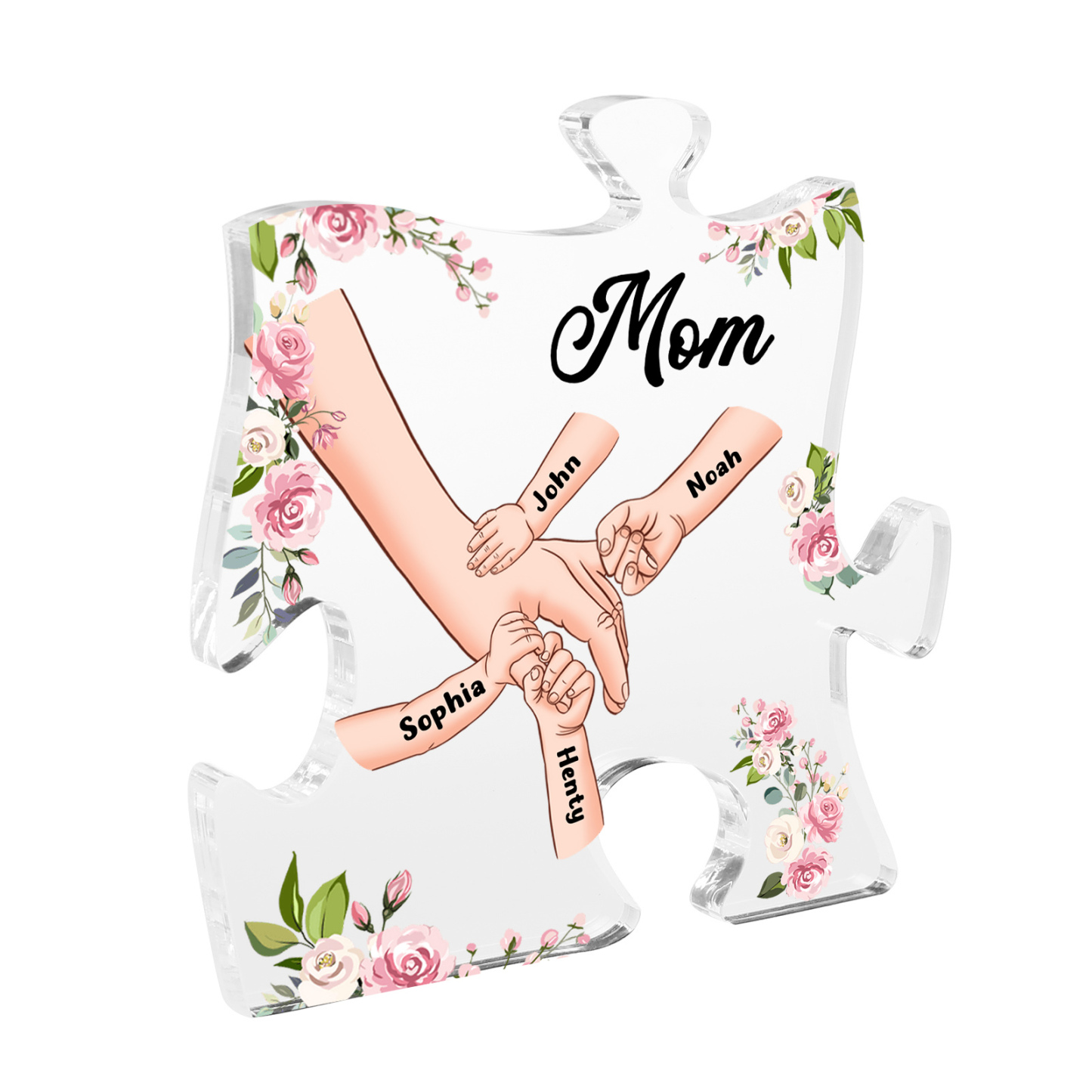 4 Name - Personalized Acrylic Heart Keepsake Customized Name Holding Hands Acrylic Plaque Ornament Mother's Day Gift for Mom