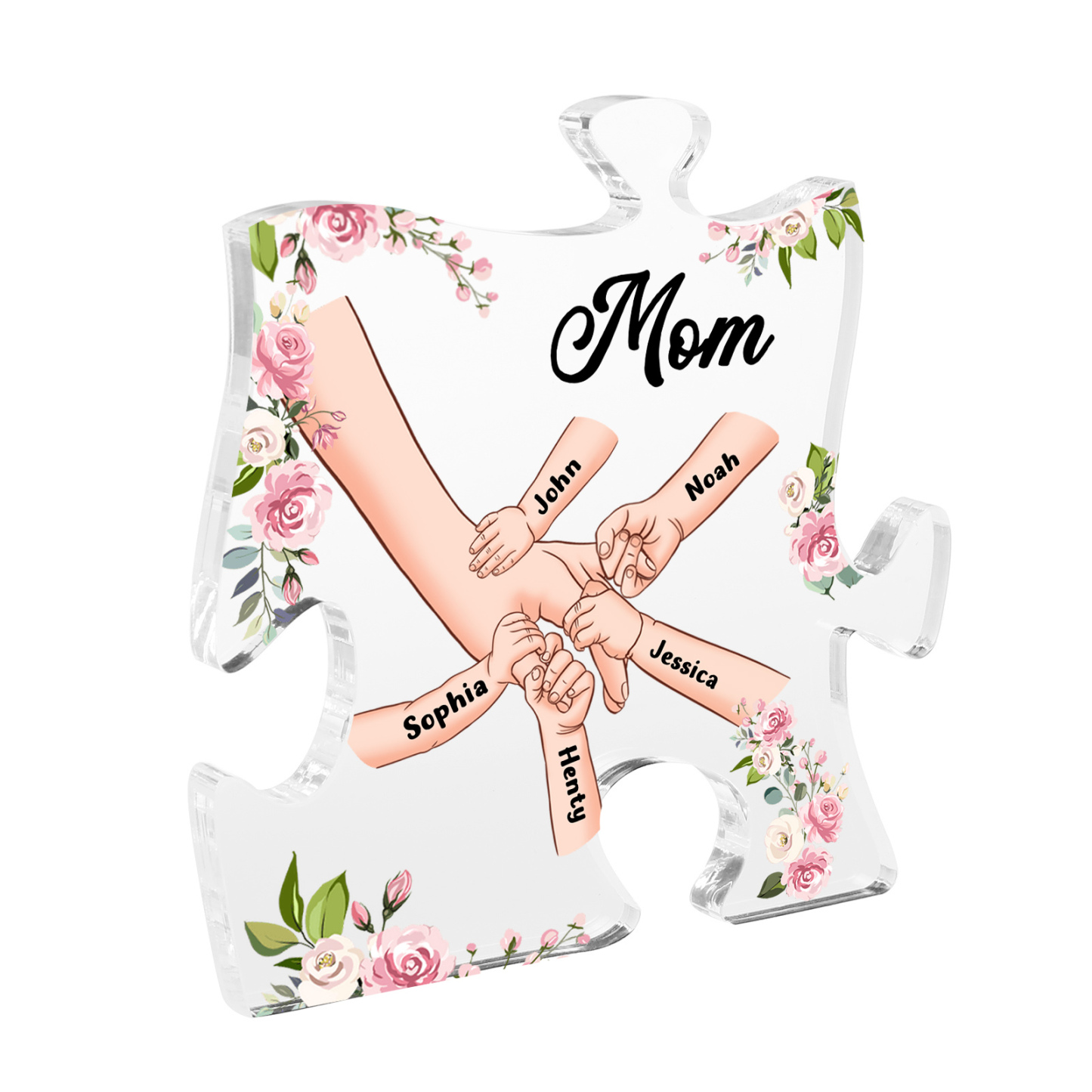 5 Name - Personalized Acrylic Heart Keepsake Customized Name Holding Hands Acrylic Plaque Ornament Mother's Day Gift for Mom