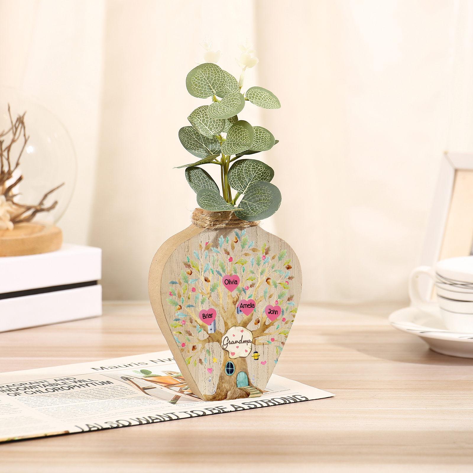 4 Names - Personalized Custom Text and Name Wooden Ornament Vase for Family