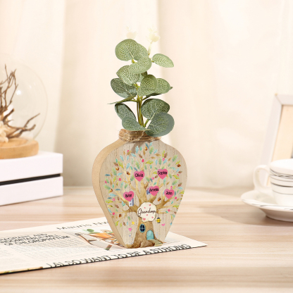 5 Names - Personalized Custom Text and Name Wooden Ornament Vase for Grandma