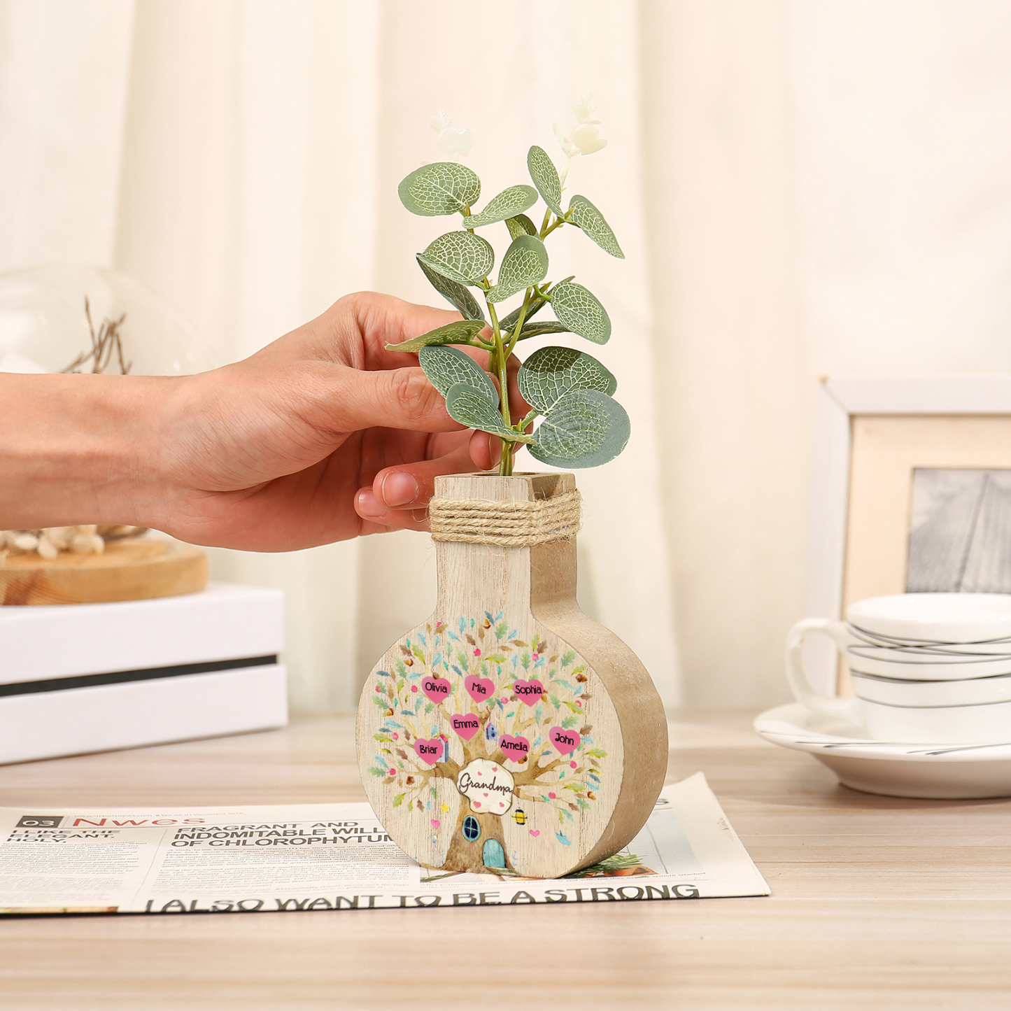 7 Names - Personalized Custom Text and Name Family Tree Wooden Decorative Vase as a Gift for Grandma