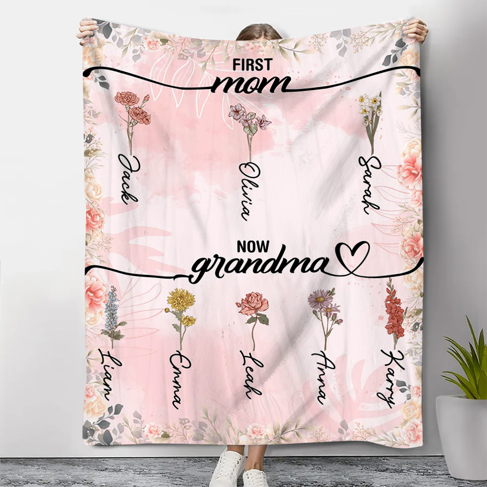 Personalized Family Blanket Custom 2-12 Name and Birth Flower Blanket - Gift for Grandma/Mom | Jessmade