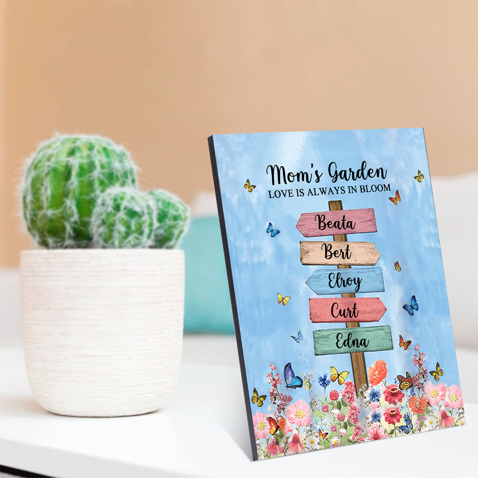 5 Names - Personalized Cute Elephant Style Home Frame Wooden Ornament with Customizable Text for Mom