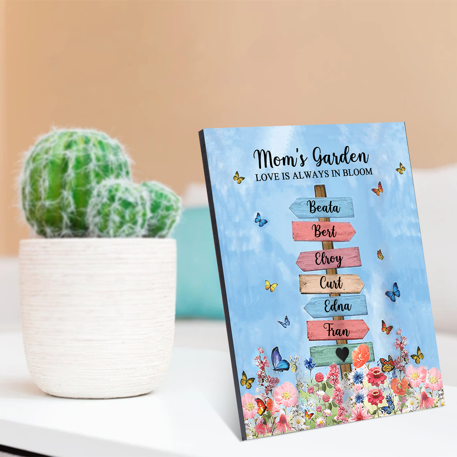 6 Names - Personalized Cute Elephant Style Home Frame Wooden Ornament with Customizable Text for Mom