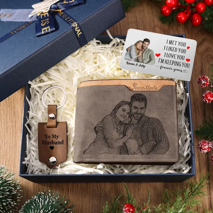 Personalised Leather Wallet & Photo Keyring, and Engraved Wallet Card Gift Set for Him | Jessemade
