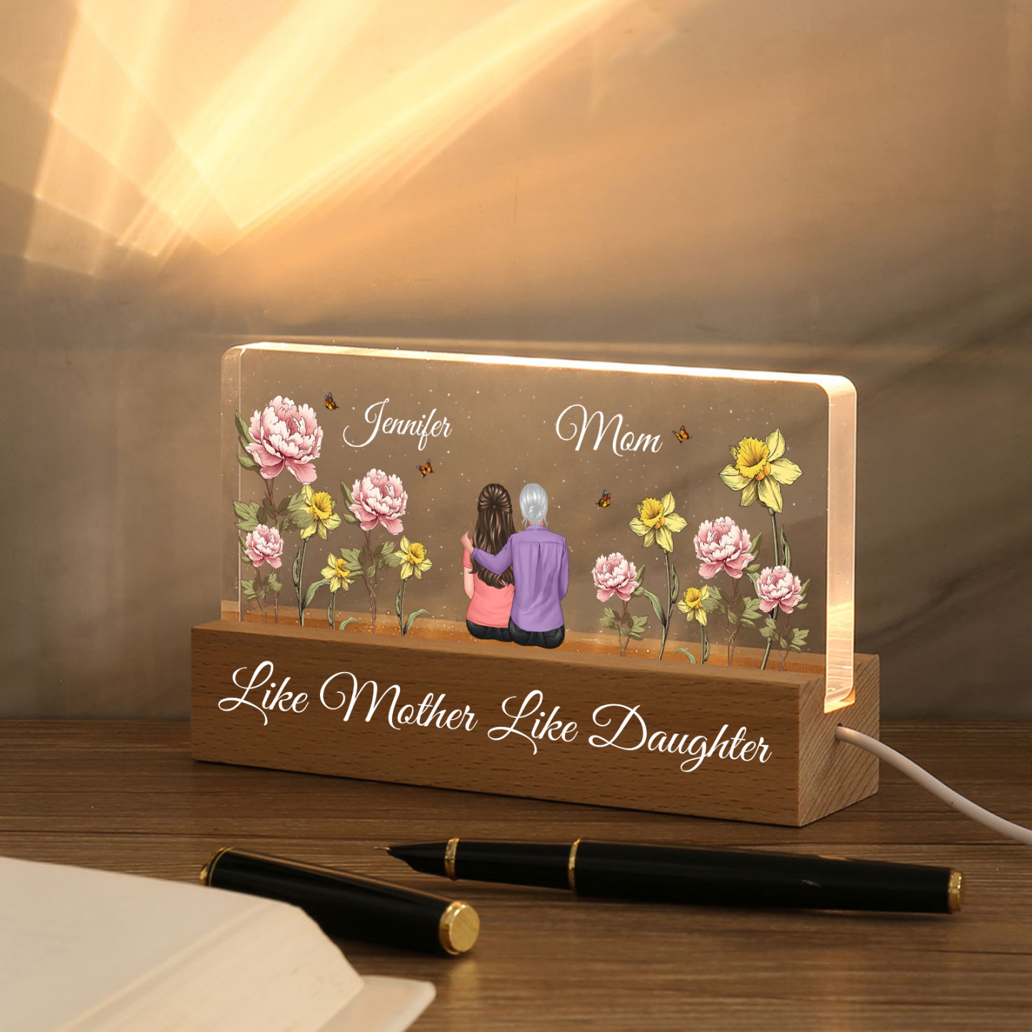 To My Mom -  LED Light with Personalized Names, Birth Flowers & Outfits - Meaningful Mother’s Day Gift 