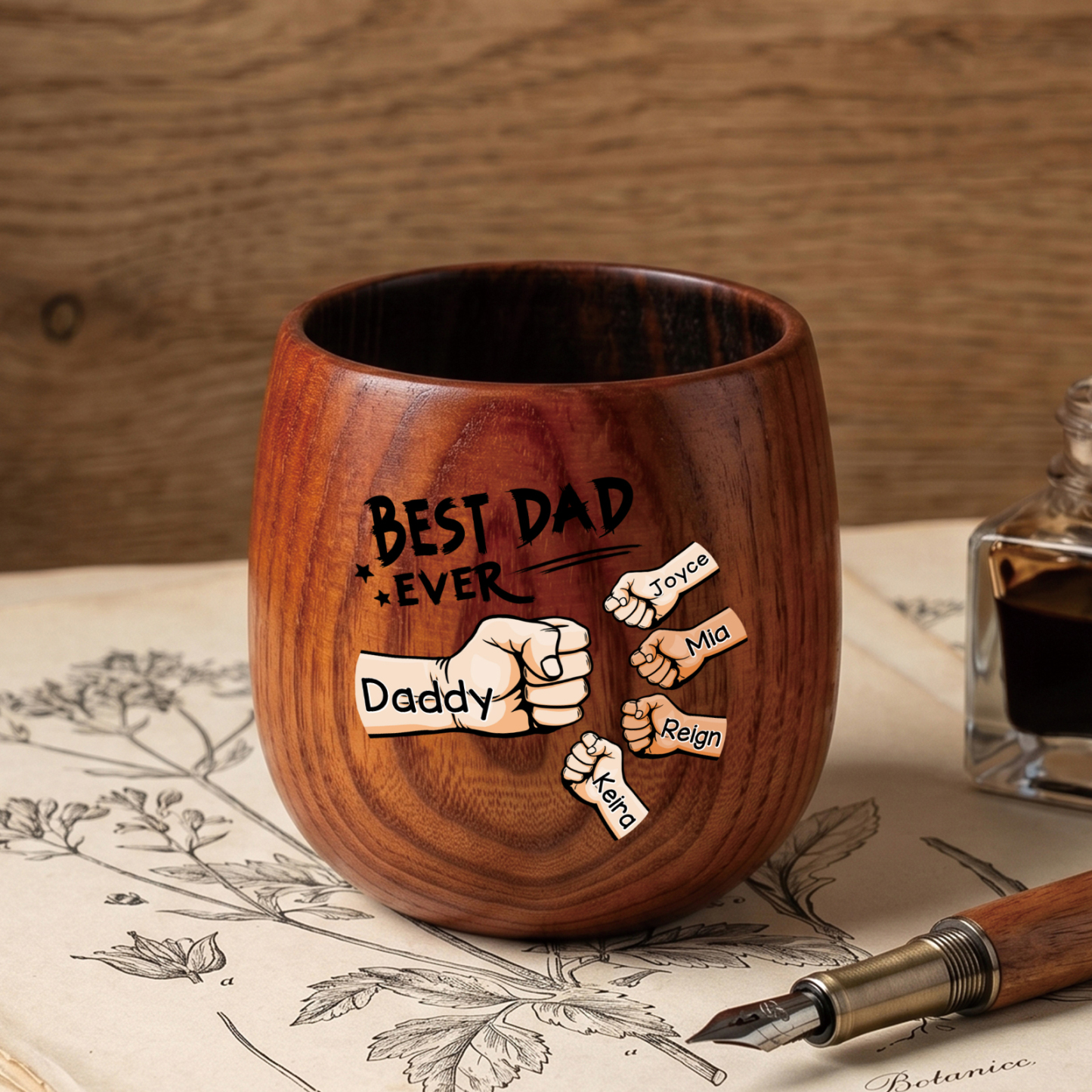 Personalized Wooden Whiskey Tumbler Men Wood Mug Custom 2-6 Names and Fist Bumps Fathers Day Birthday Gift For Dad Husband | Jessemade