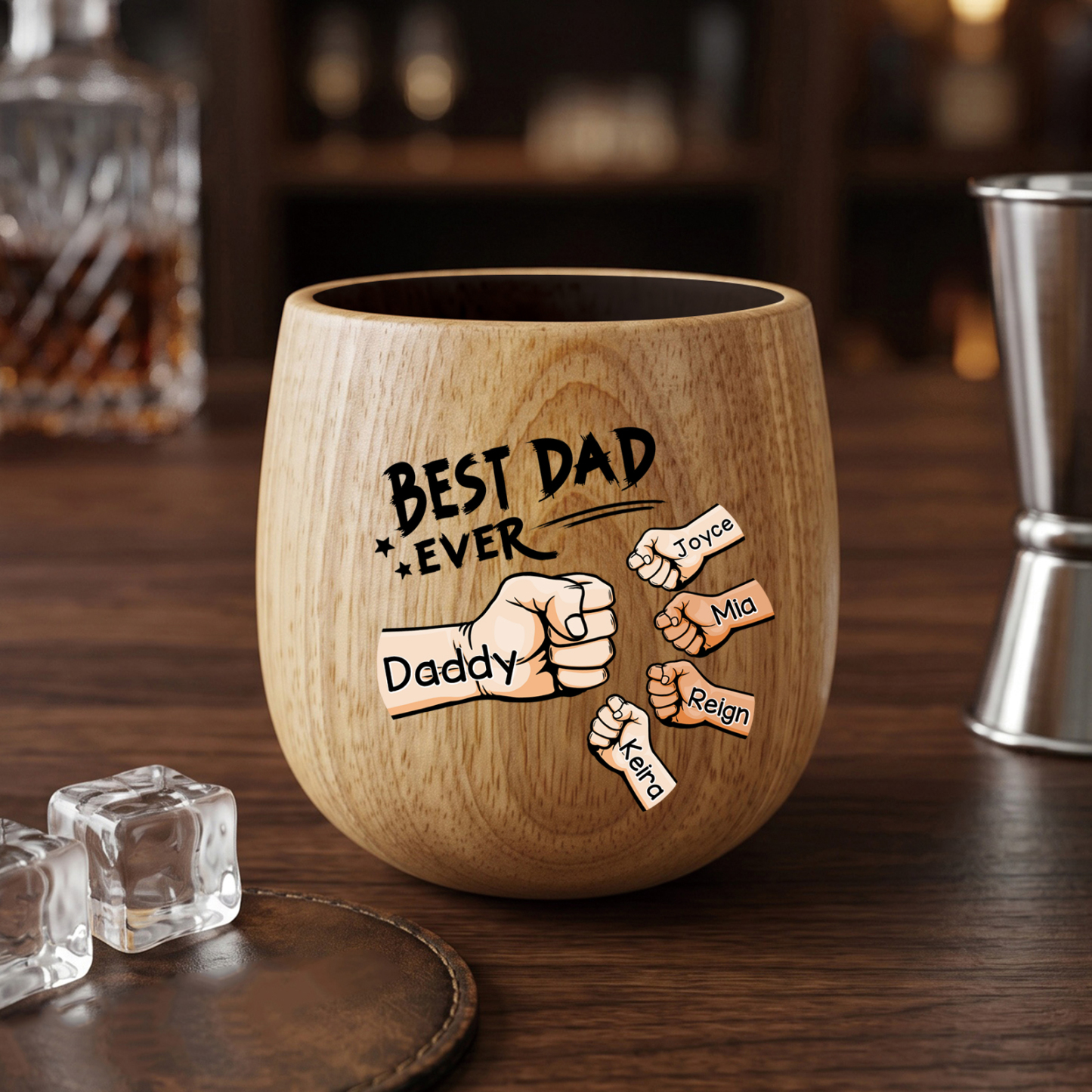Personalized Wooden Whiskey Cup Custom with 2-6 Fist Bumps and Names
