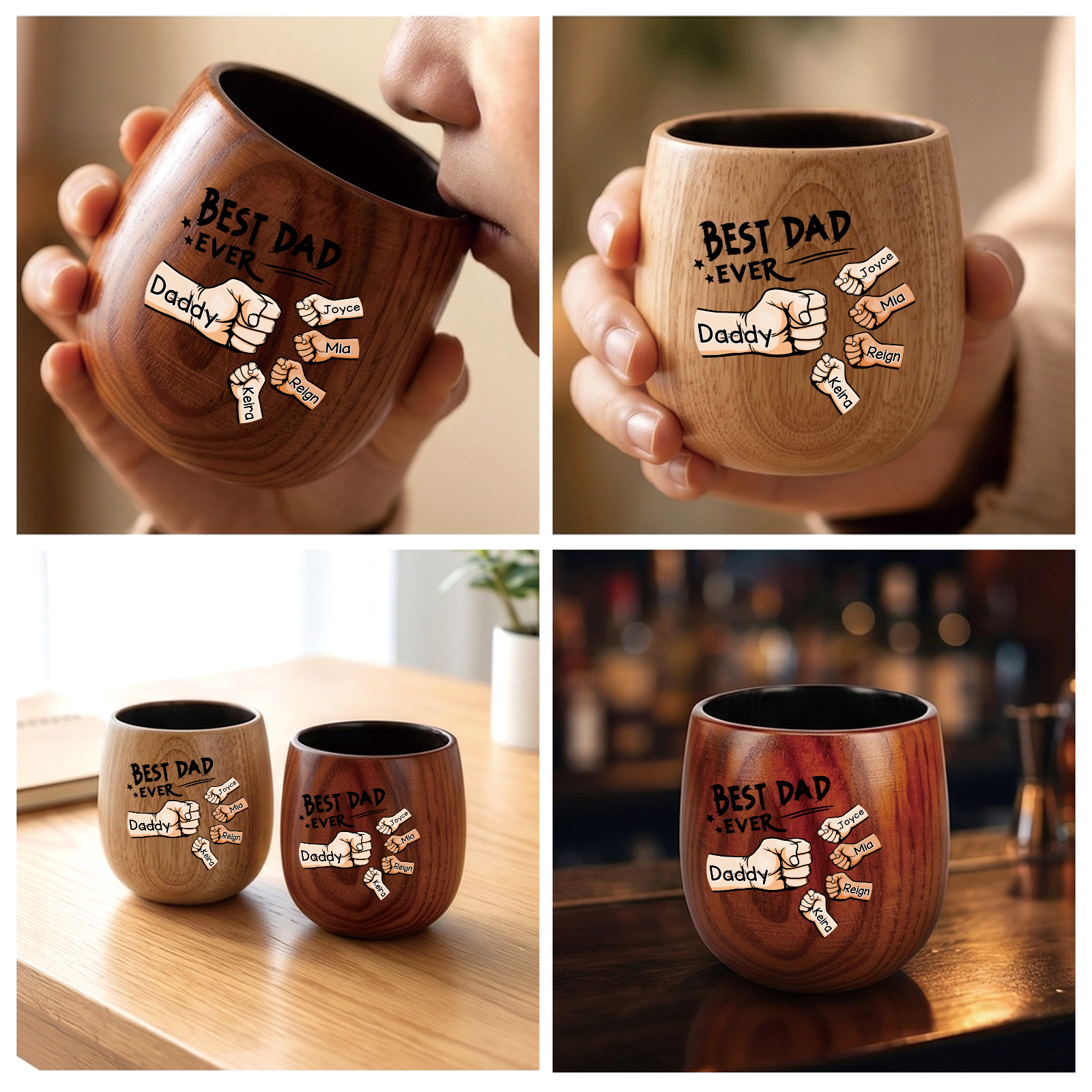 Personalized Wooden Whiskey Cup Custom with 2-6 Fist Bumps and Names