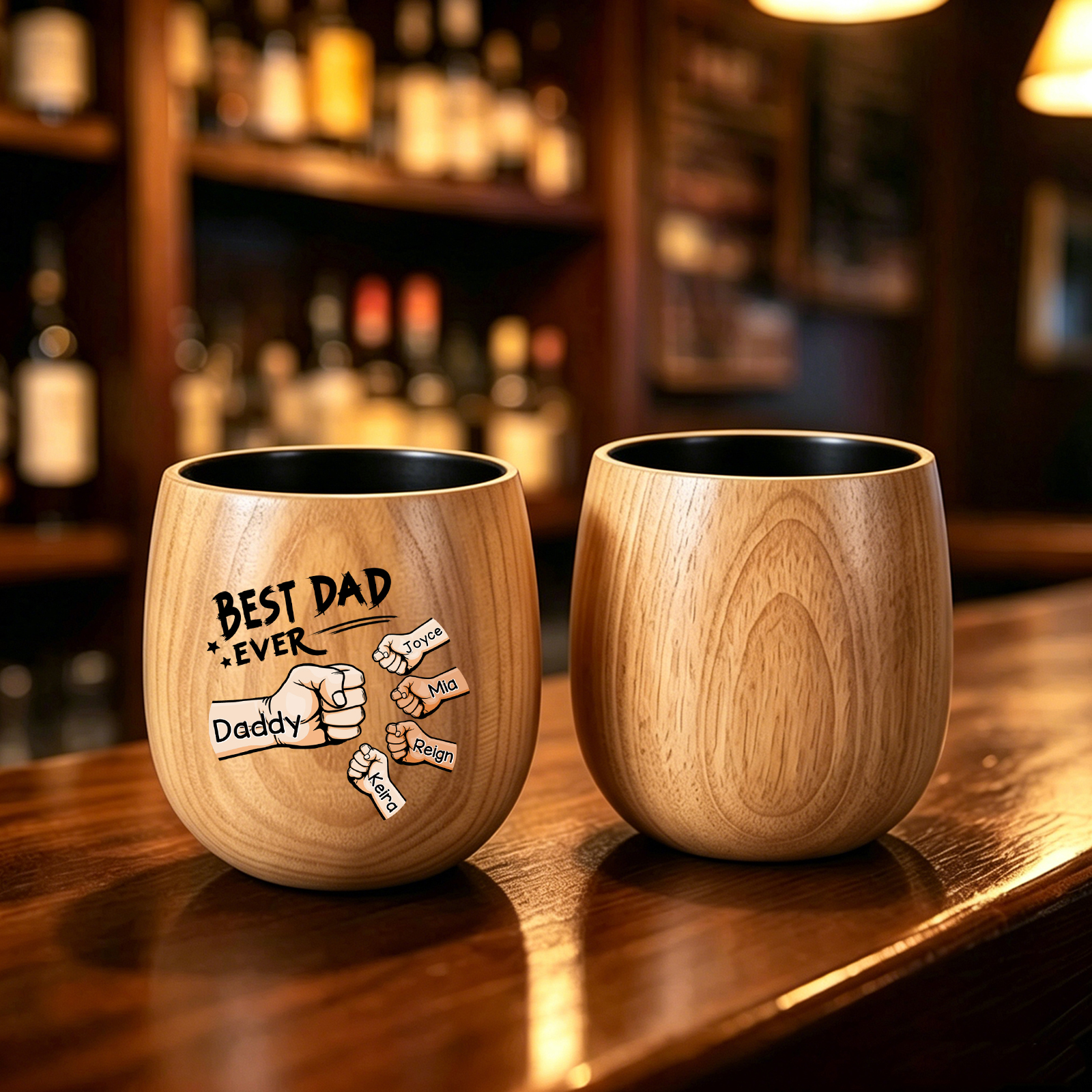 Personalized Wooden Whiskey Cup Custom with 2-6 Fist Bumps and Names
