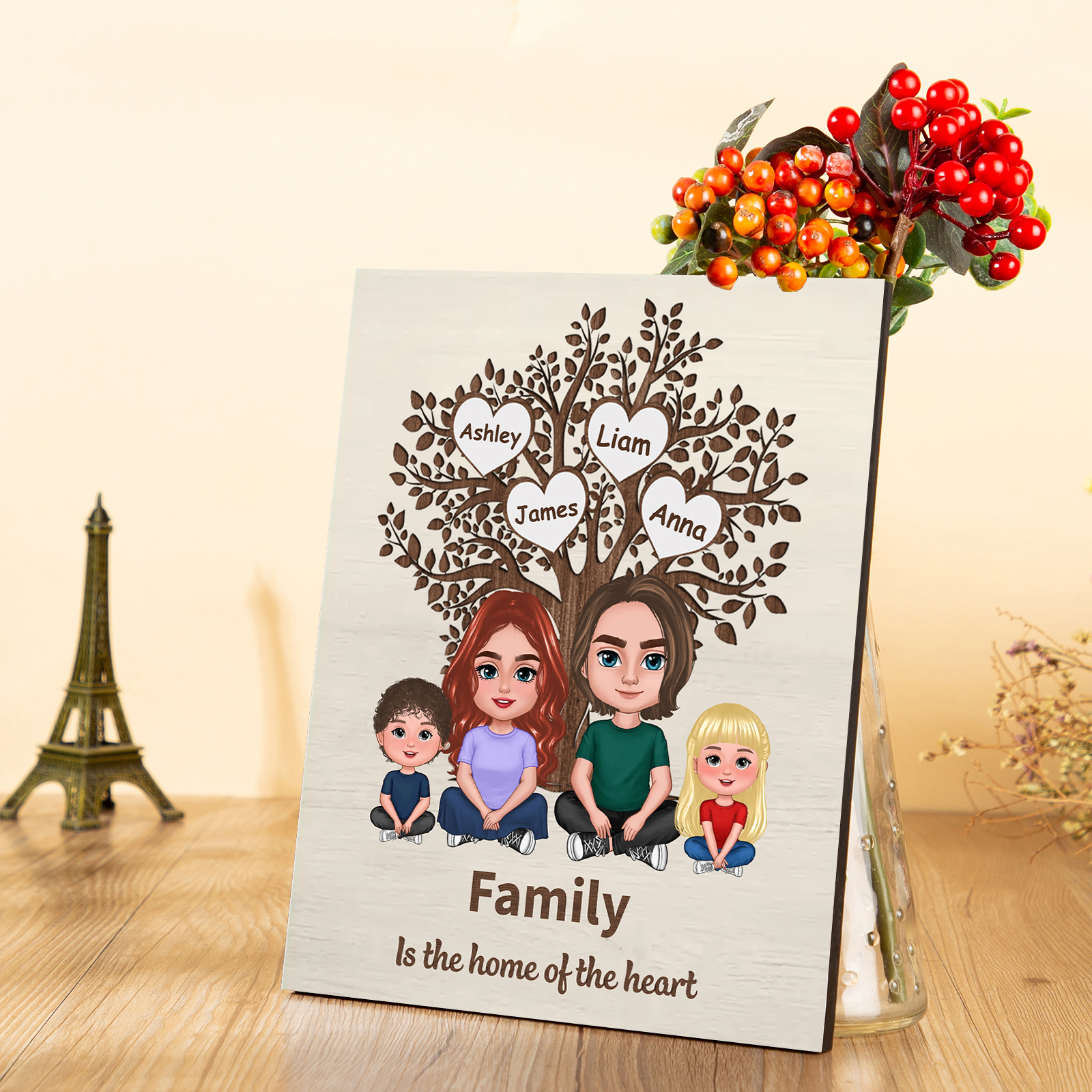 Personalized Family Tree Board Painting- 3 Customized Name, Exquisite Wooden Decorations For Mom