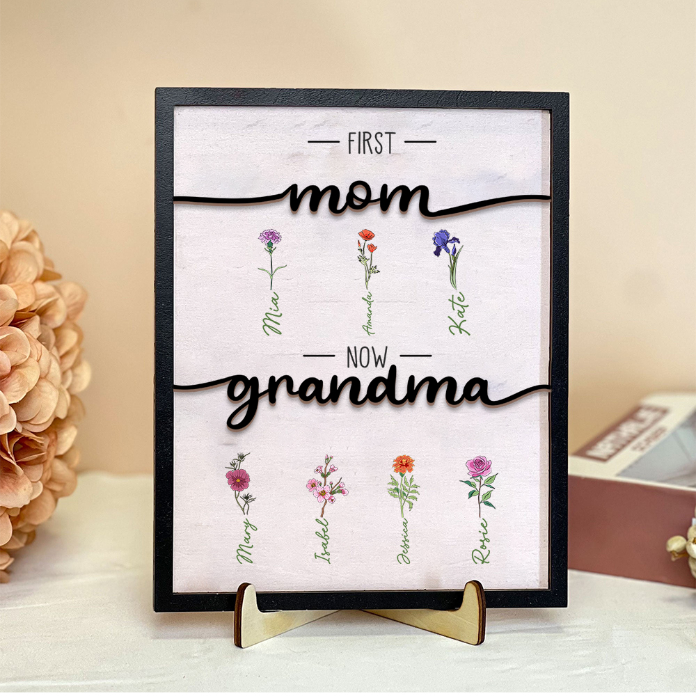 Personalized Love Connection Style Home Frame Wooden Decoration - with 1-10 Names & birthflowers- for Mother's Day