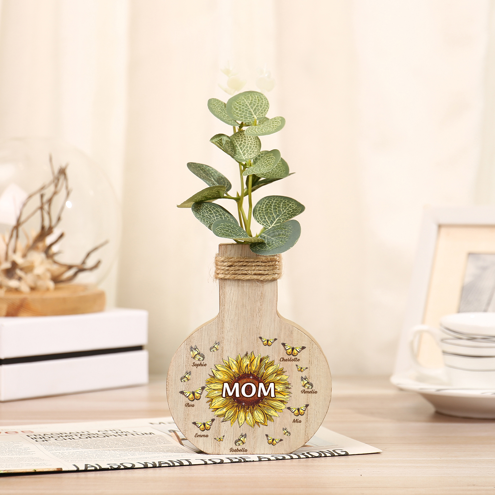 7 Names - Personalized Custom Text and Name Butterfly Style Wooden Decorative Vase as a Gift for Mom
