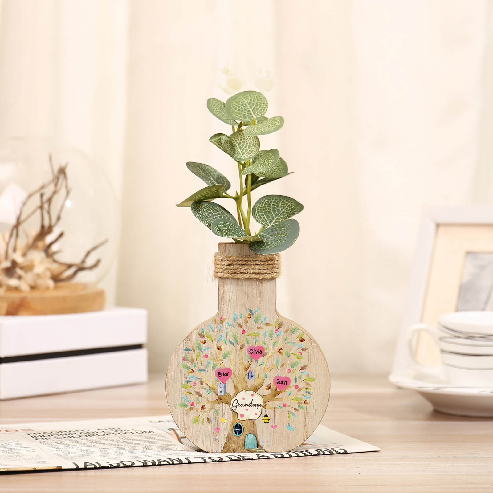 3 Names - Personalized Custom Text and Name Family Tree Wooden Decorative Vase as a Gift for Nan