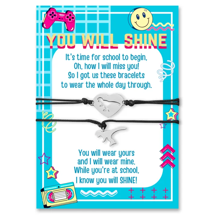 2 Pcs Dinosaur Bracelet Set Back to School Gift with Gift Card Adjustable Bracelet Gift for Schoolkid