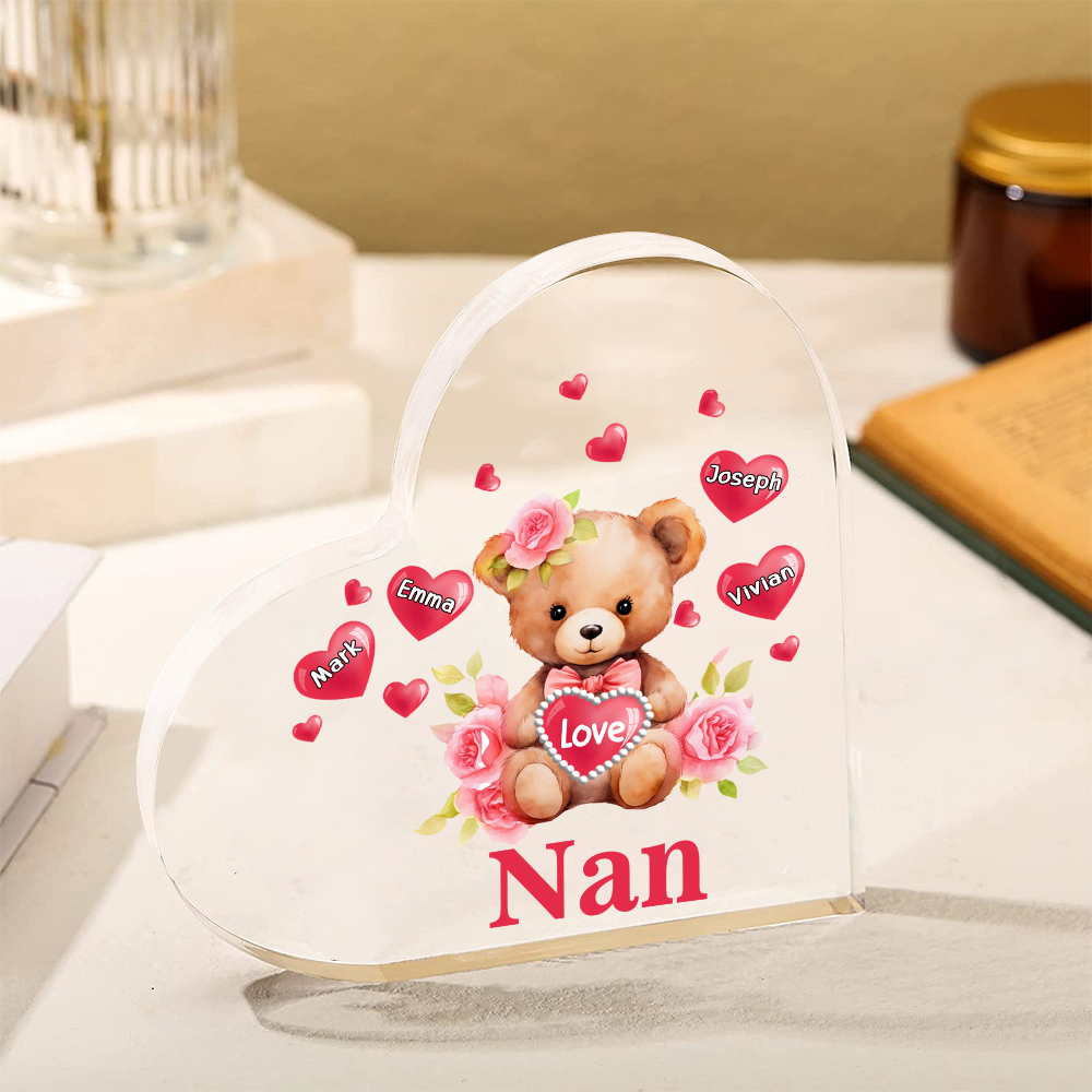 4 Names-Personalized Bear Acrylic Heart Keepsake Custom Text Acrylic Plaque Ornaments Gifts for Nan